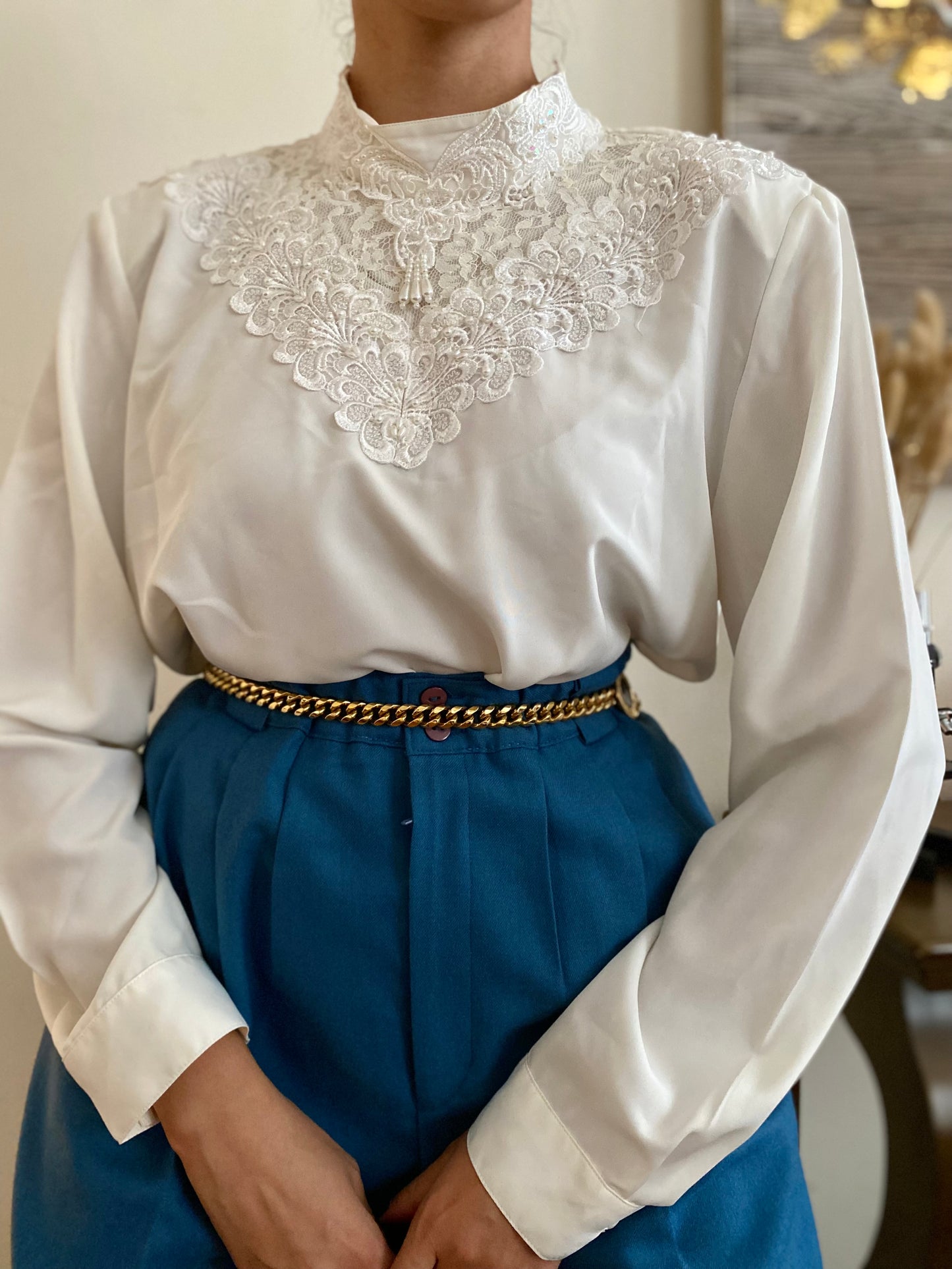Lace & Pearl Accents Long Sleeve Blouse