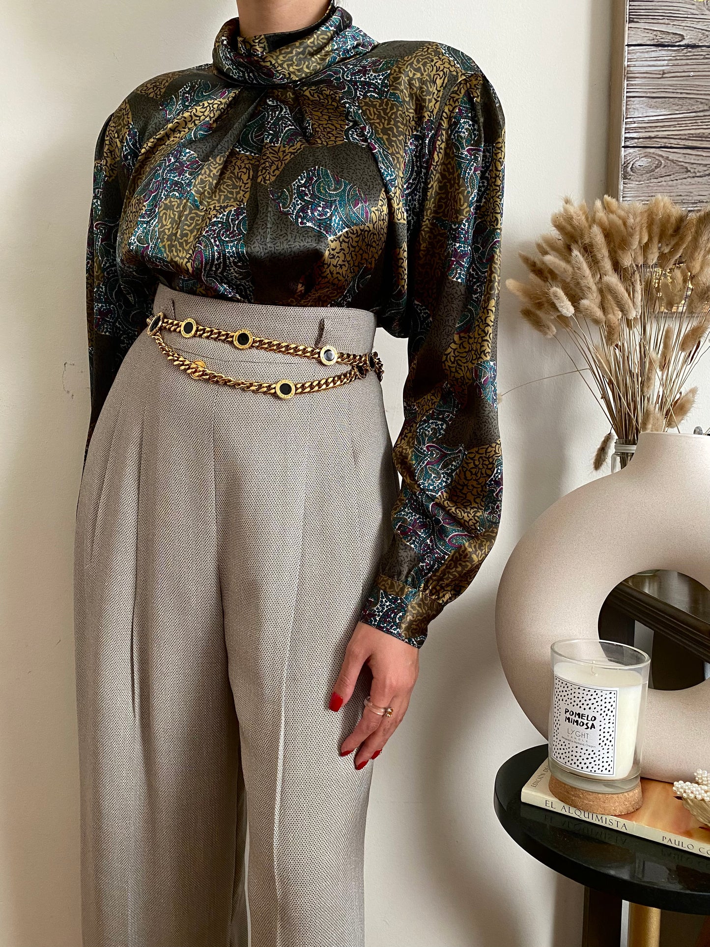 Abstract  print long sleeve high mock neck blouse