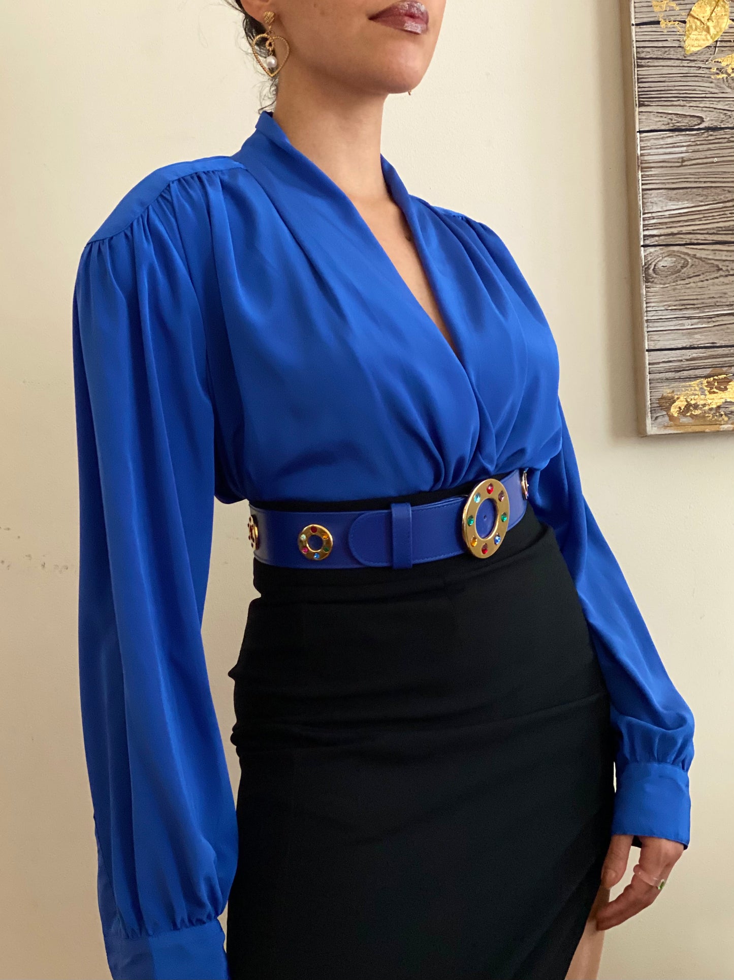 Draped Neckline with cinched waistline long sleeve blouse