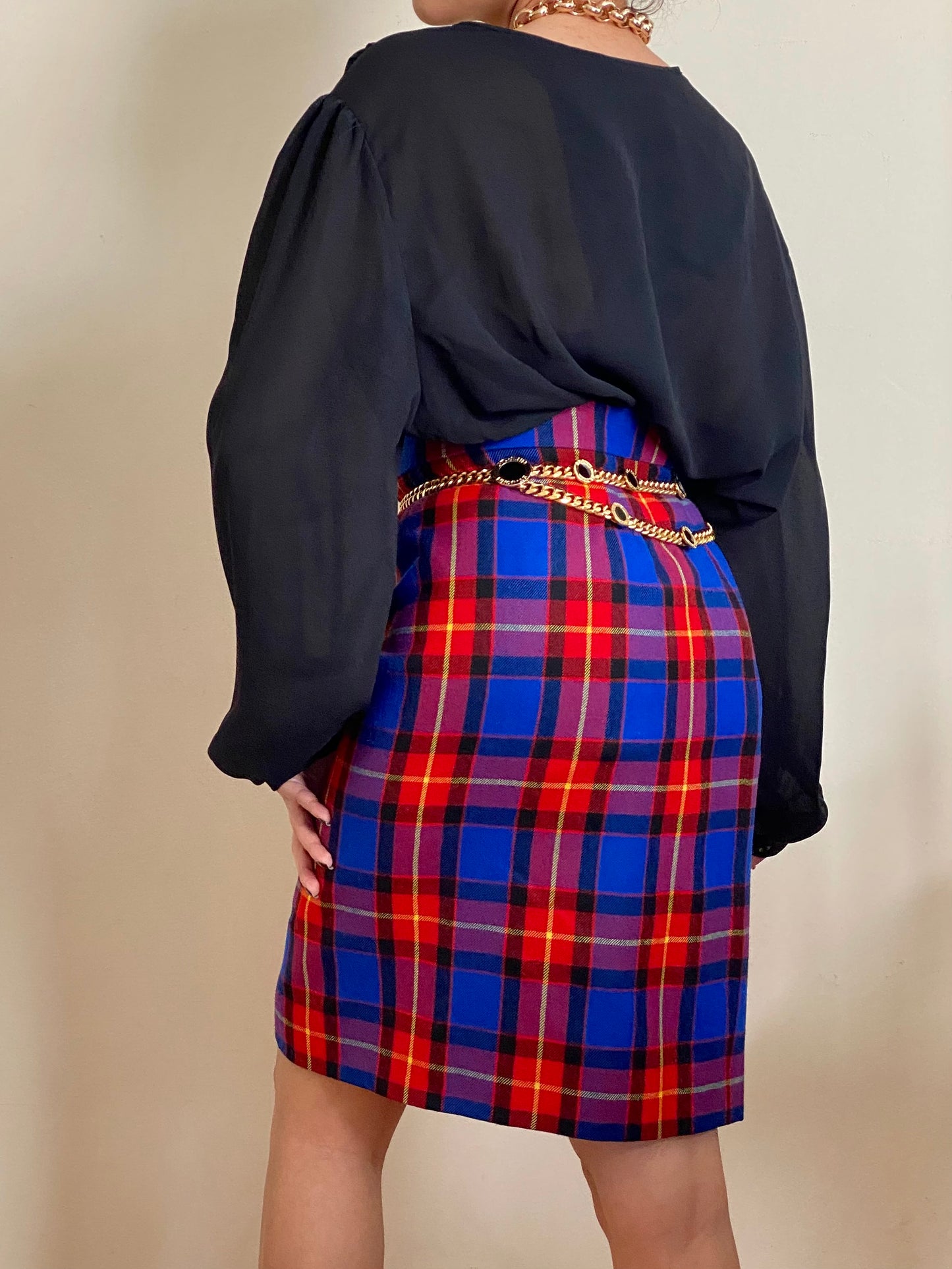 80's-90's ESCADA Plaid Rayon & Wool Knee Length Skirt (M)