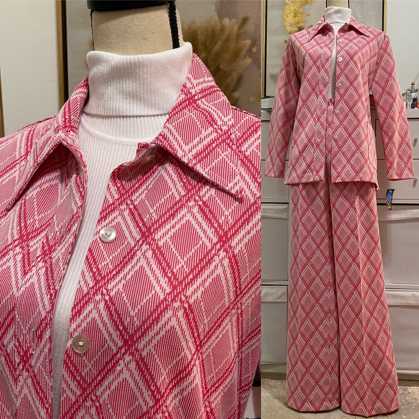 70's Deadstock 3PC Diamond Wide Leg Pantsuit (L; 30"-36"W)