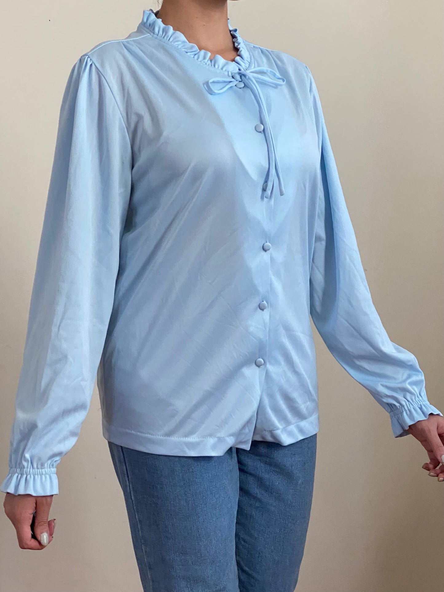 70's Ruffle Collar Long Sleeve Blouse with Bow (S-M)