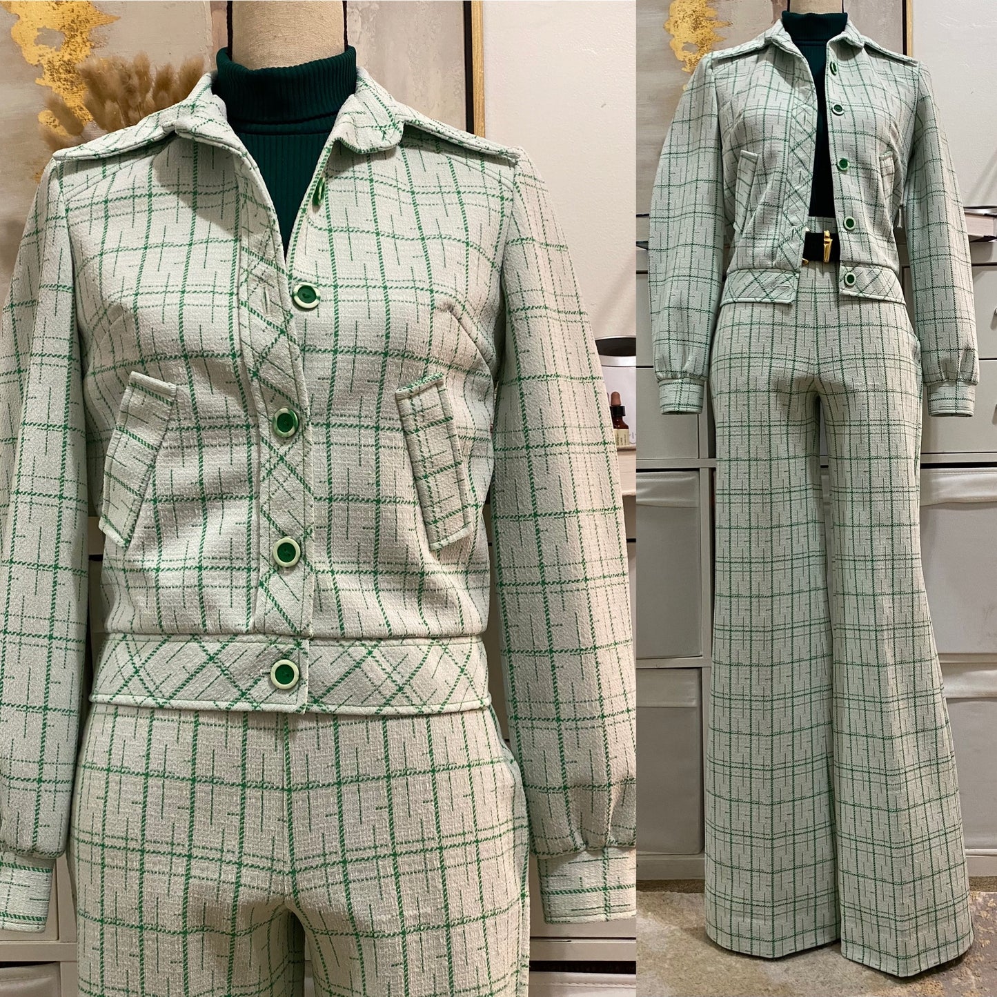 70s Grid 2PC Pantsuit - Cropped Jacket & Flared Pants (XS-S)