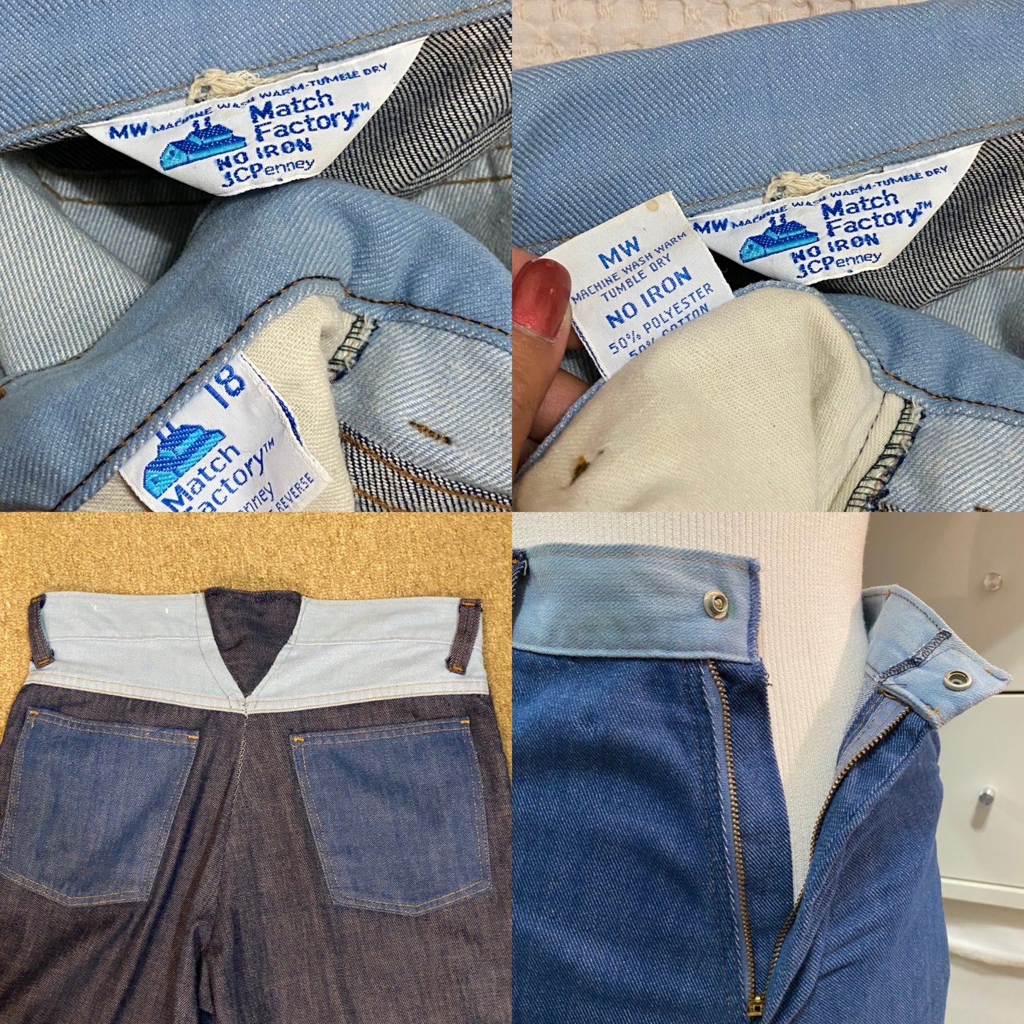 70's Cotton Blend, Blue Denim Patchwork 2pc Pantsuit (S)