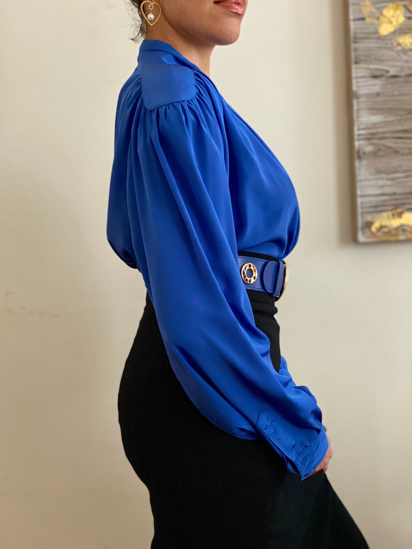 Draped Neckline with cinched waistline long sleeve blouse