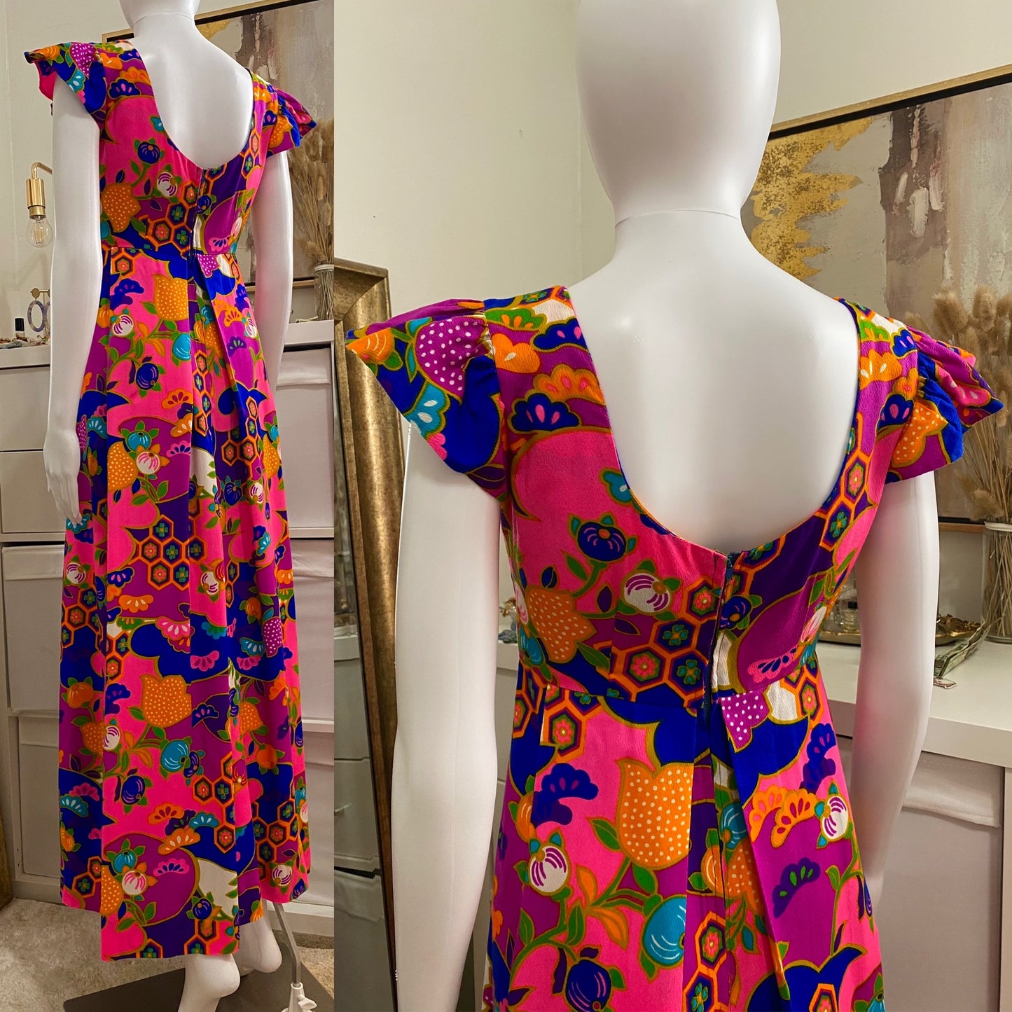 60's-70's Pink Psychedelic Maxi Dress W/ Ruffle Sleeves (XS-S)