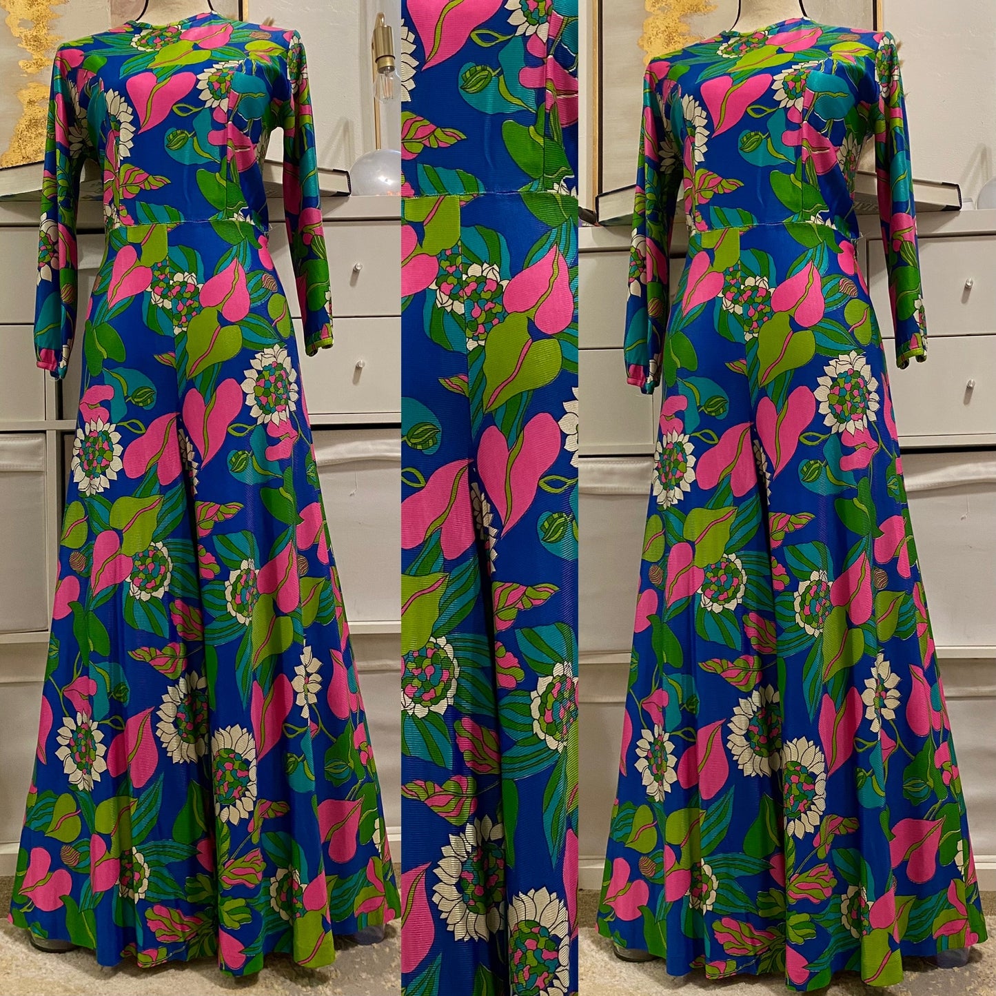 70's Floral Acetate Wide Leg Palazzo Jumpsuit (L)