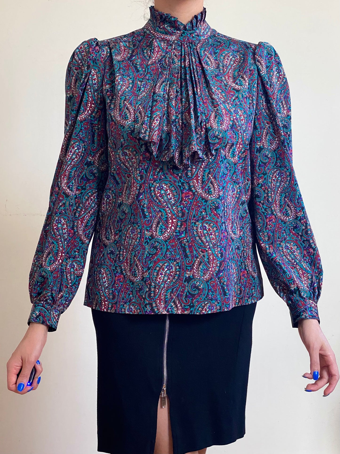 80's Multicolor Abstract Cravat Bown Victorian Style Blouse (S-M)