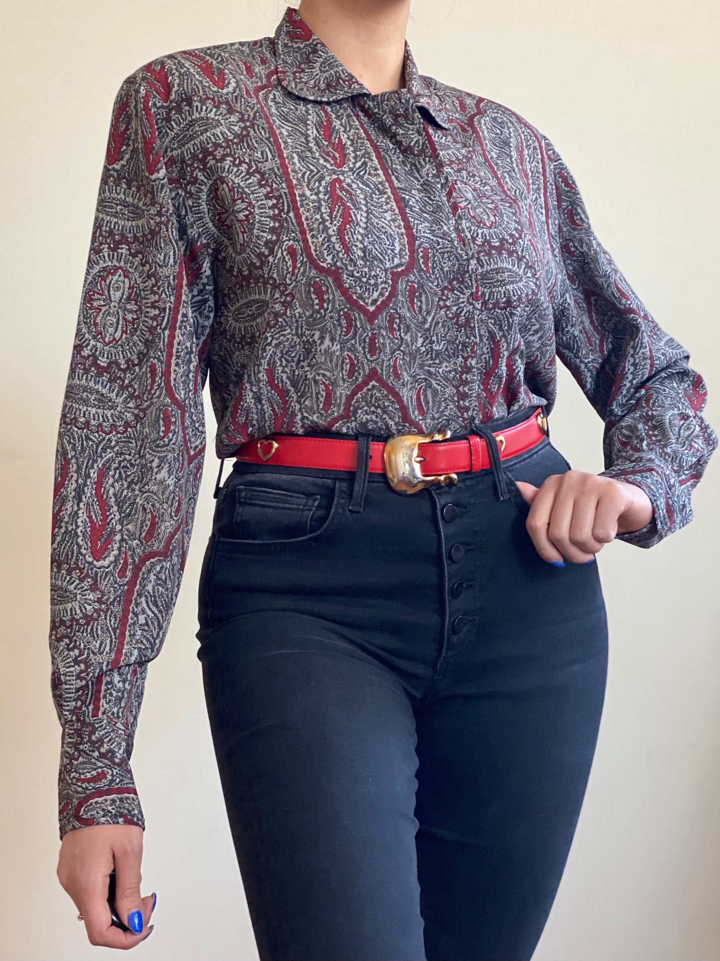 80's Grey Abstract Paisley Button Down Blouse (M)