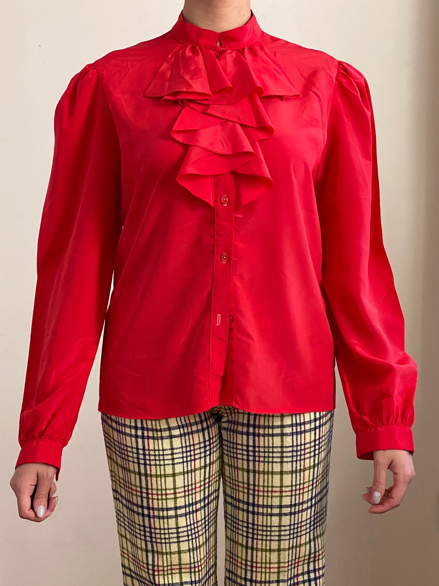 80's Ruffle Cravat Bow Collar Long Puff Sleeves Blouse (S-M)