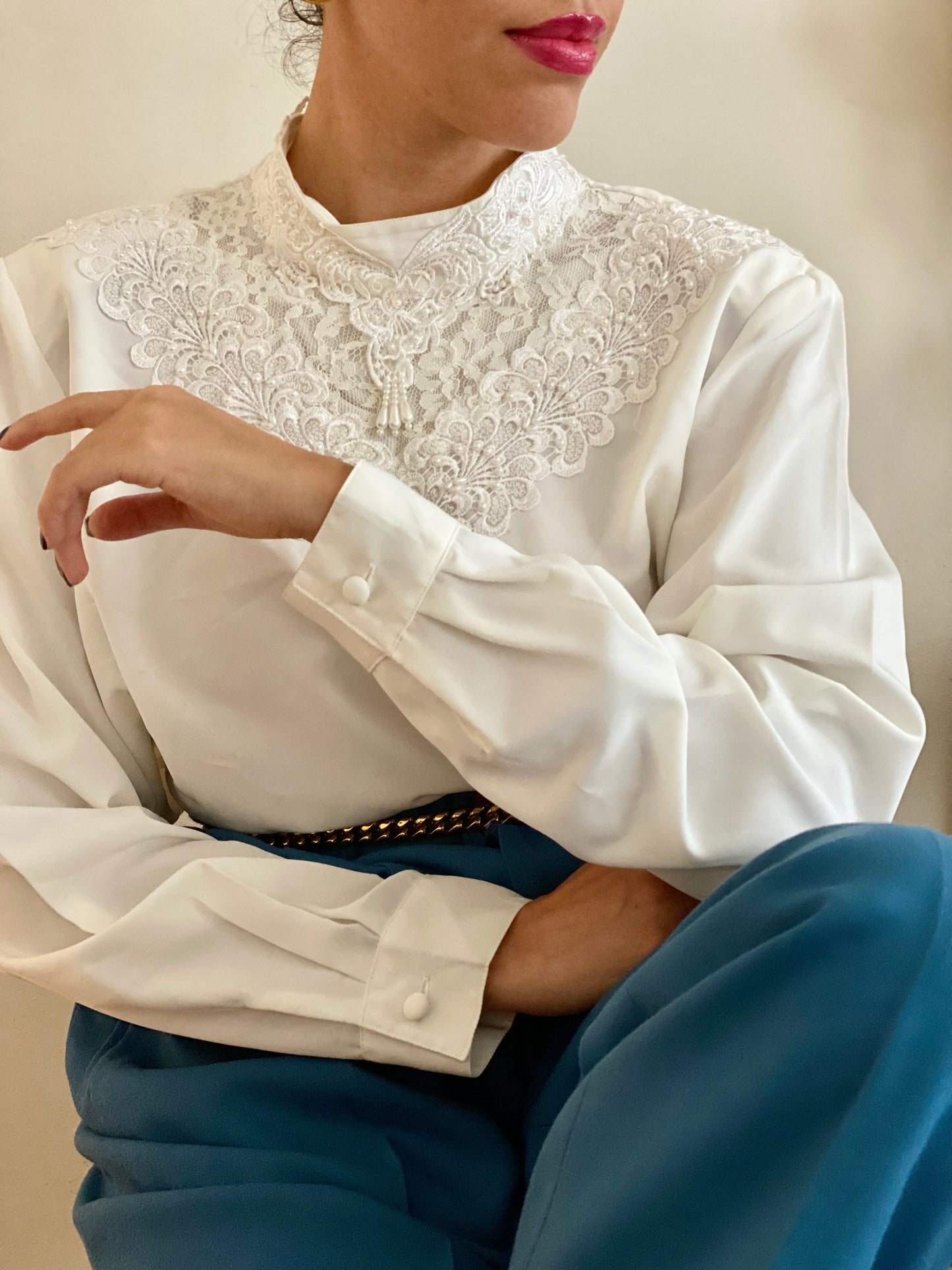 Lace & Pearl Accents Long Sleeve Blouse