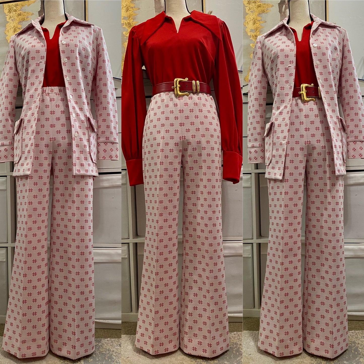 60s-70s 2pc Wide Leg Abstract Pink Pantsuit (S-L)