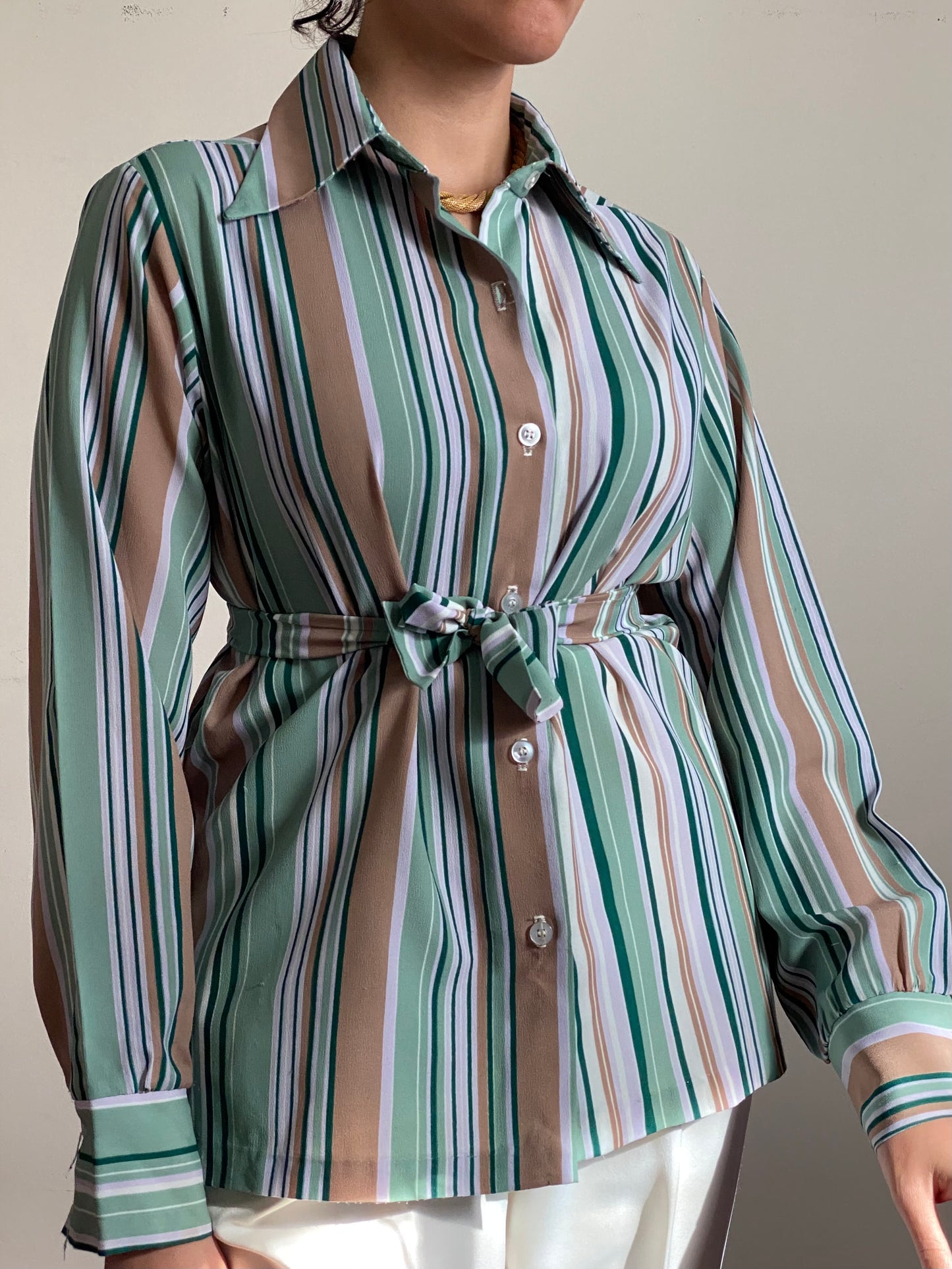 70's Striped Long Sleeve Button Up Blouse (M)