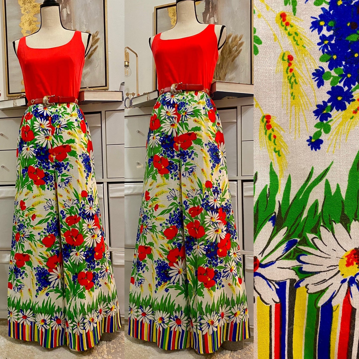 70's Multi-Color Floral Bell Bottom Jumpsuit (S-M)
