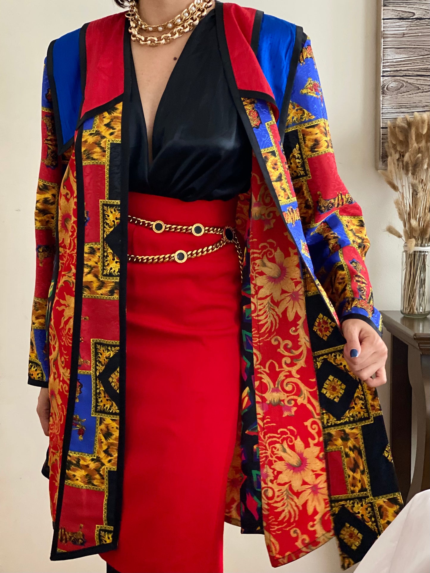 90's Brocade/Royal Pattern Open Front Jacket (S)