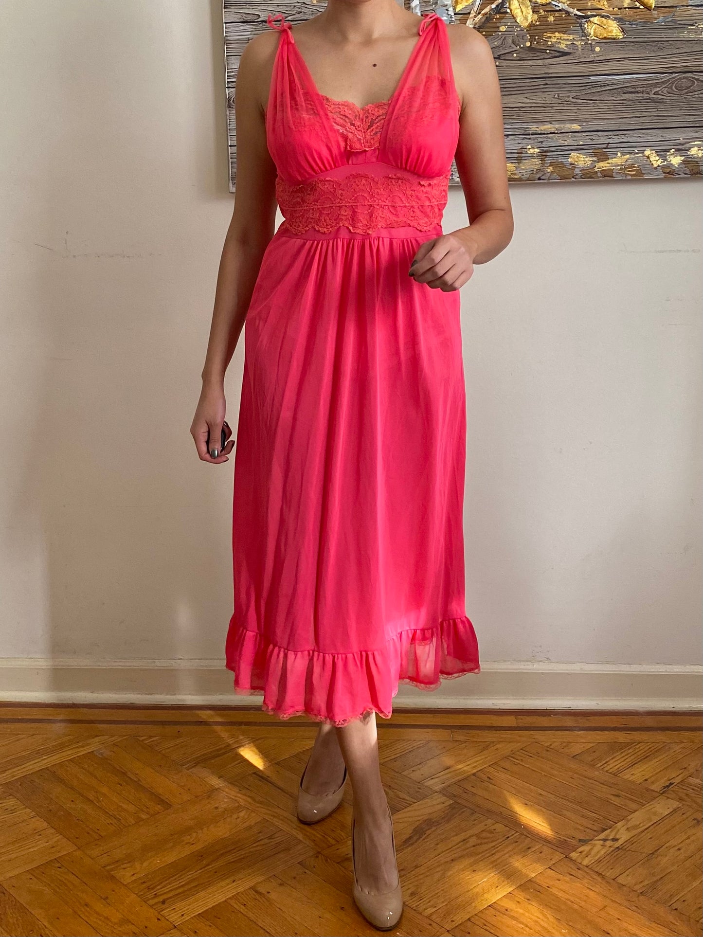 60's Pink Lace Full Slip Dress (S-34)
