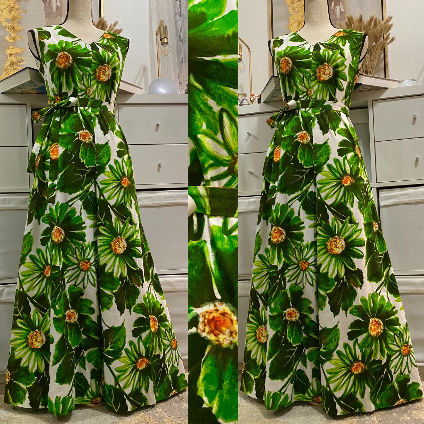 60s 70s Green Floral Big Wide Leg Palazzo Jumpsuit (M-L)