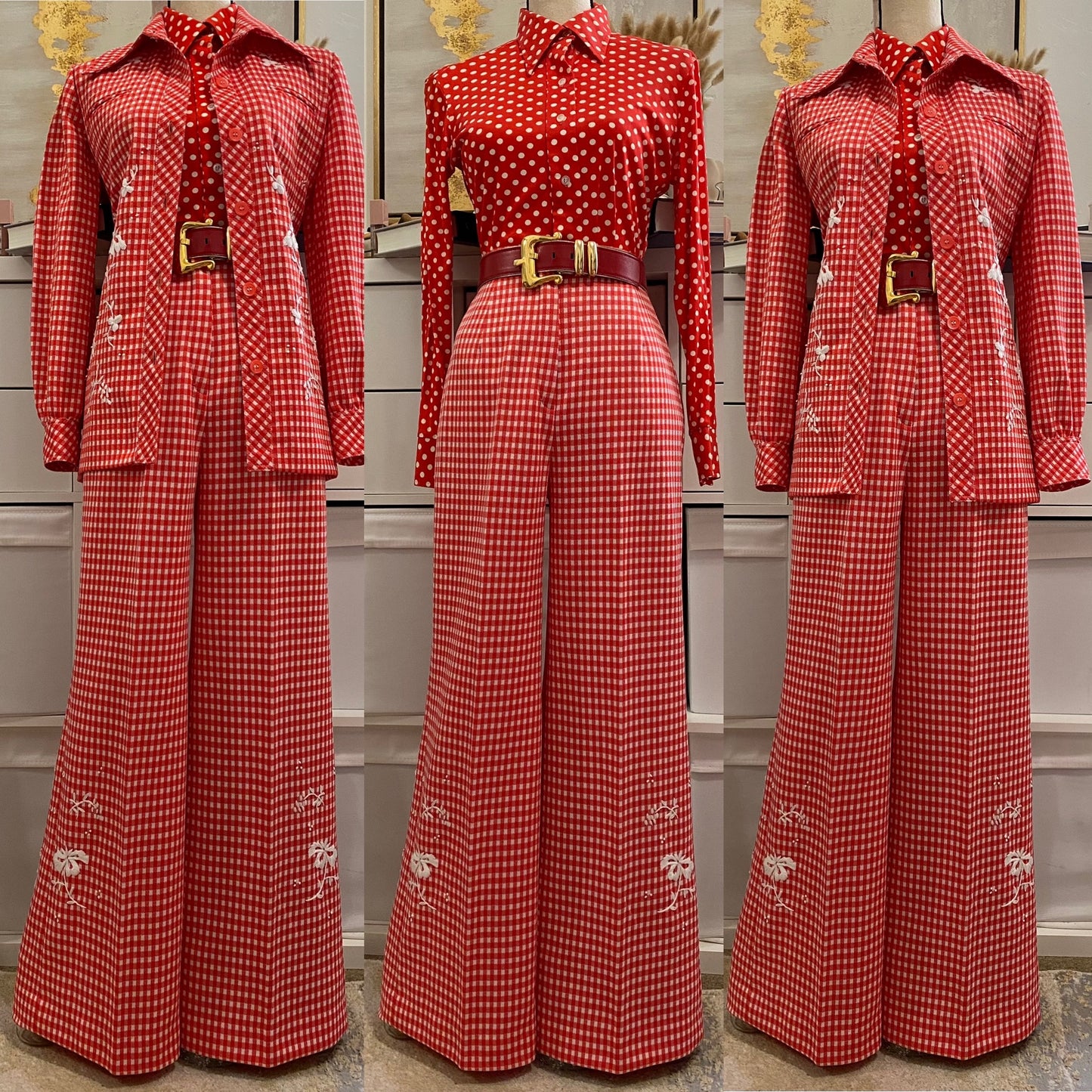 70's Floral Gingham Wide Leg 2pc Pantsuit (S-M)