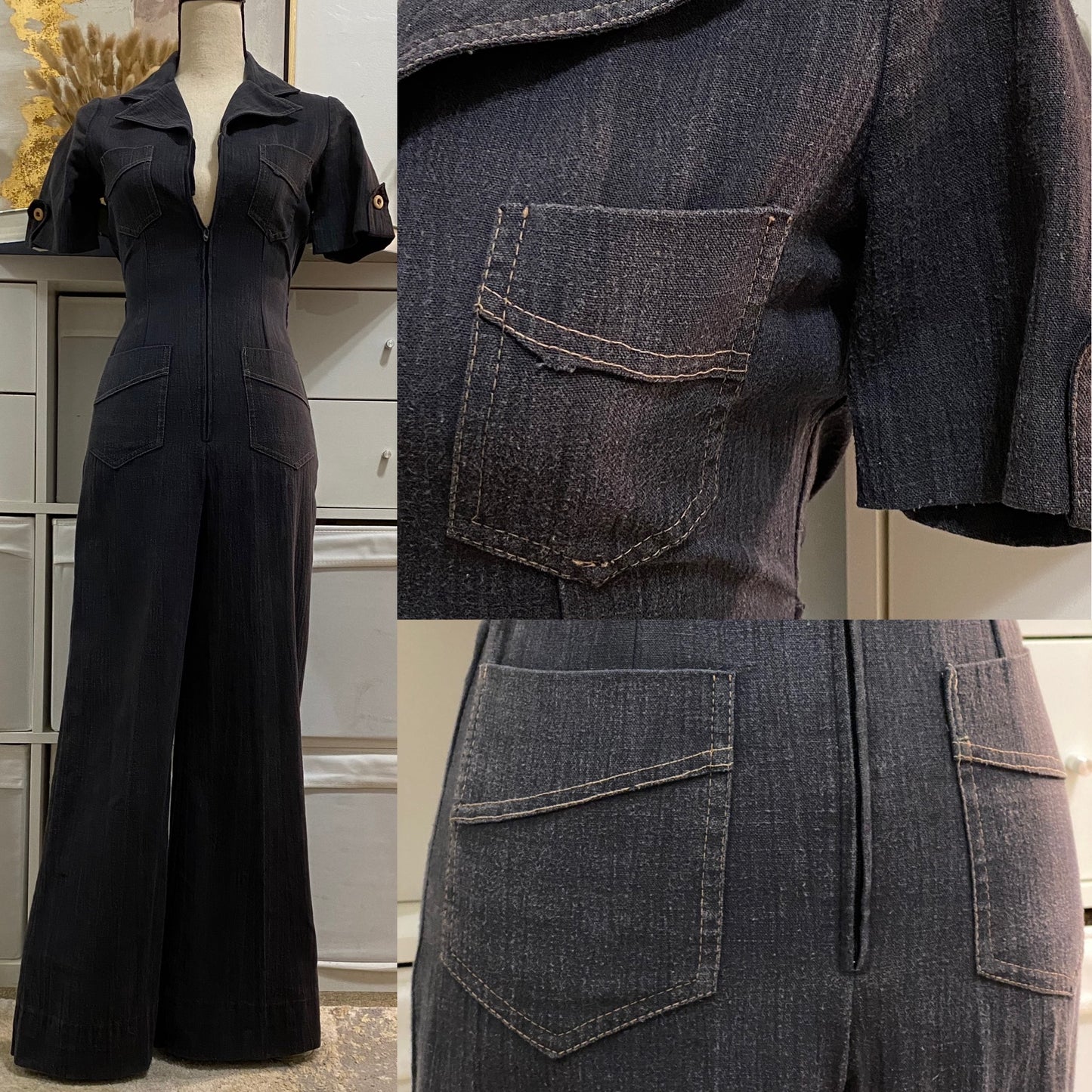 70s Cotton, Faded Black, Zipper Front, Wide Leg Jumpsuit (XS, 24"-26"W)