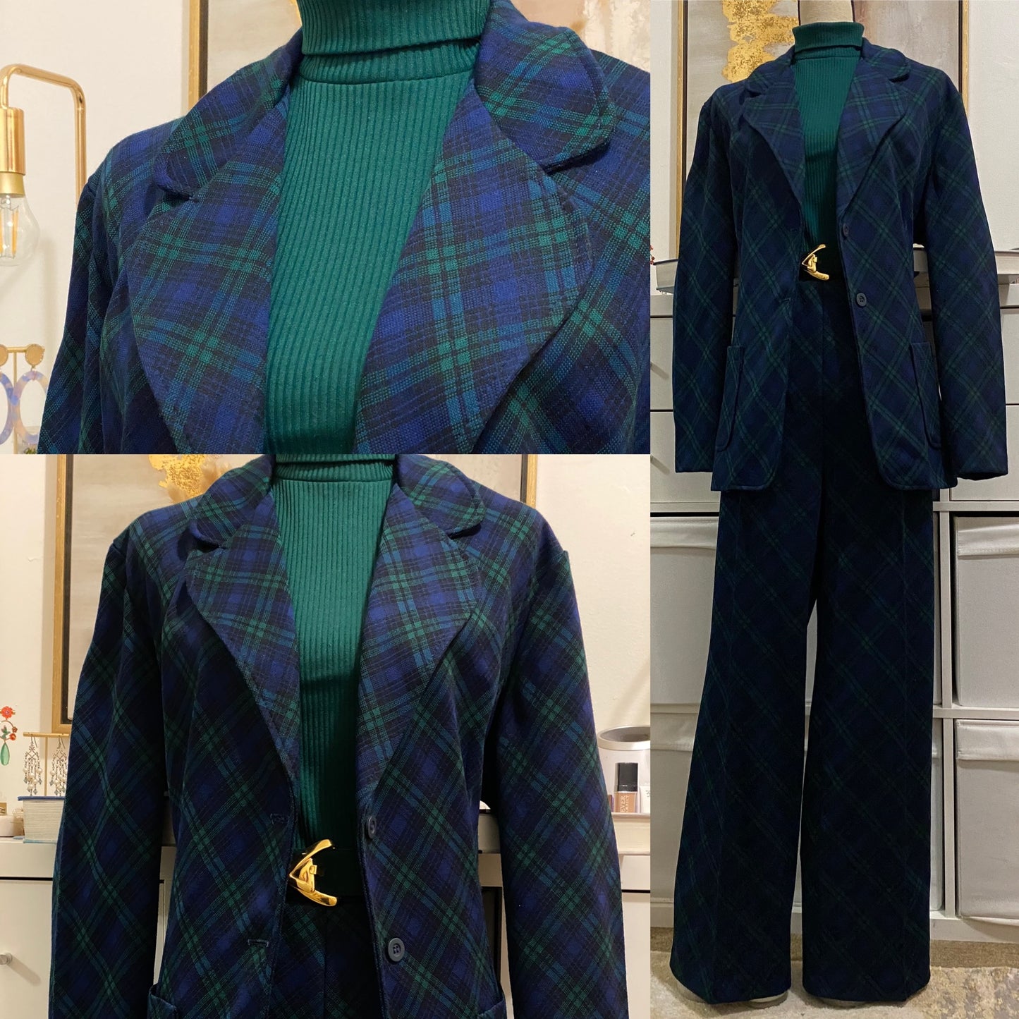 70's Classic & Elegant Tartan Plaid 2PC Pantsuit (L-XL, 34"-38"W)