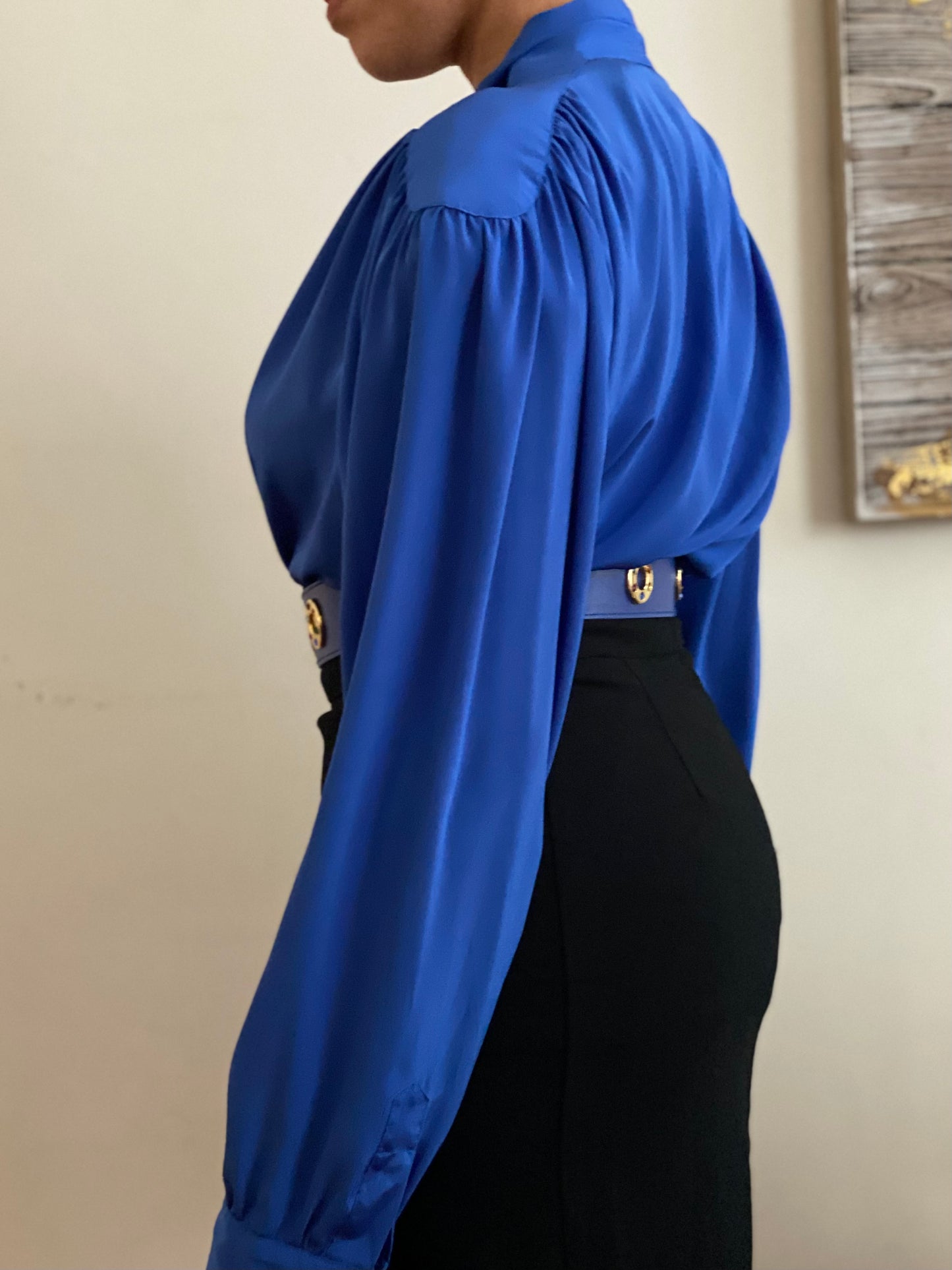Draped Neckline with cinched waistline long sleeve blouse