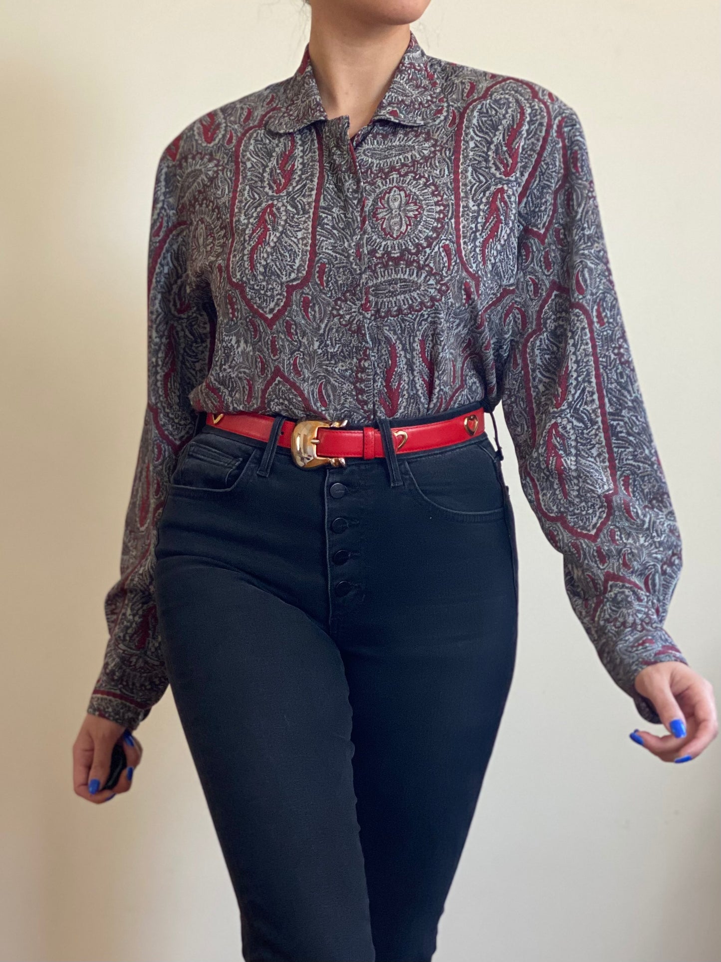 80's Grey Abstract Paisley Button Down Blouse (M)