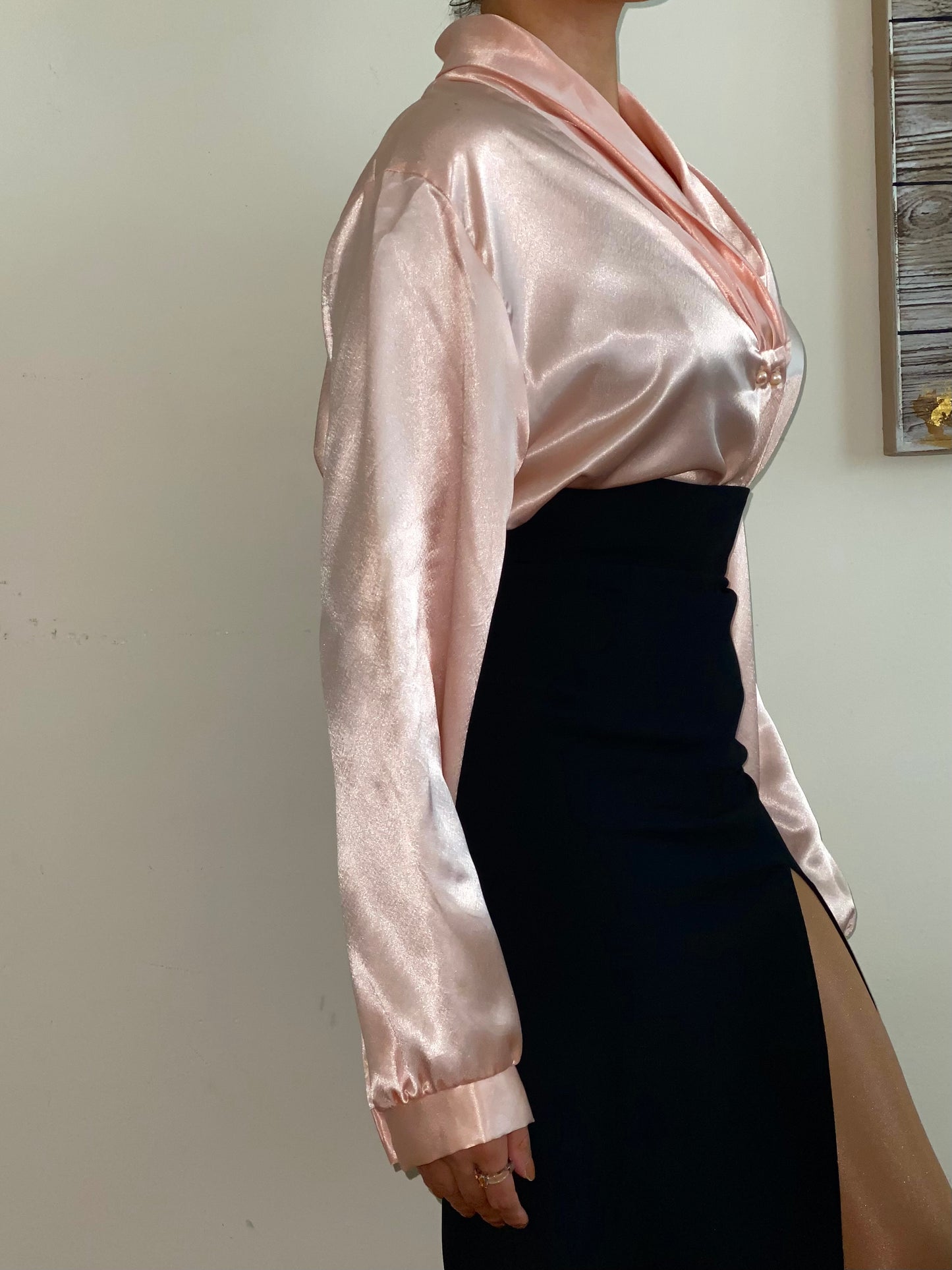 Liquid Satin Shawl Collar with Pearl Buttons Long sleeve blouse