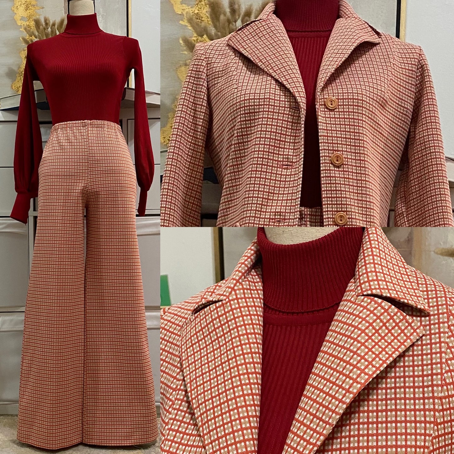 70s Subtle Grid/Check 2PC Pantsuit (S-M, 27"-35"W)