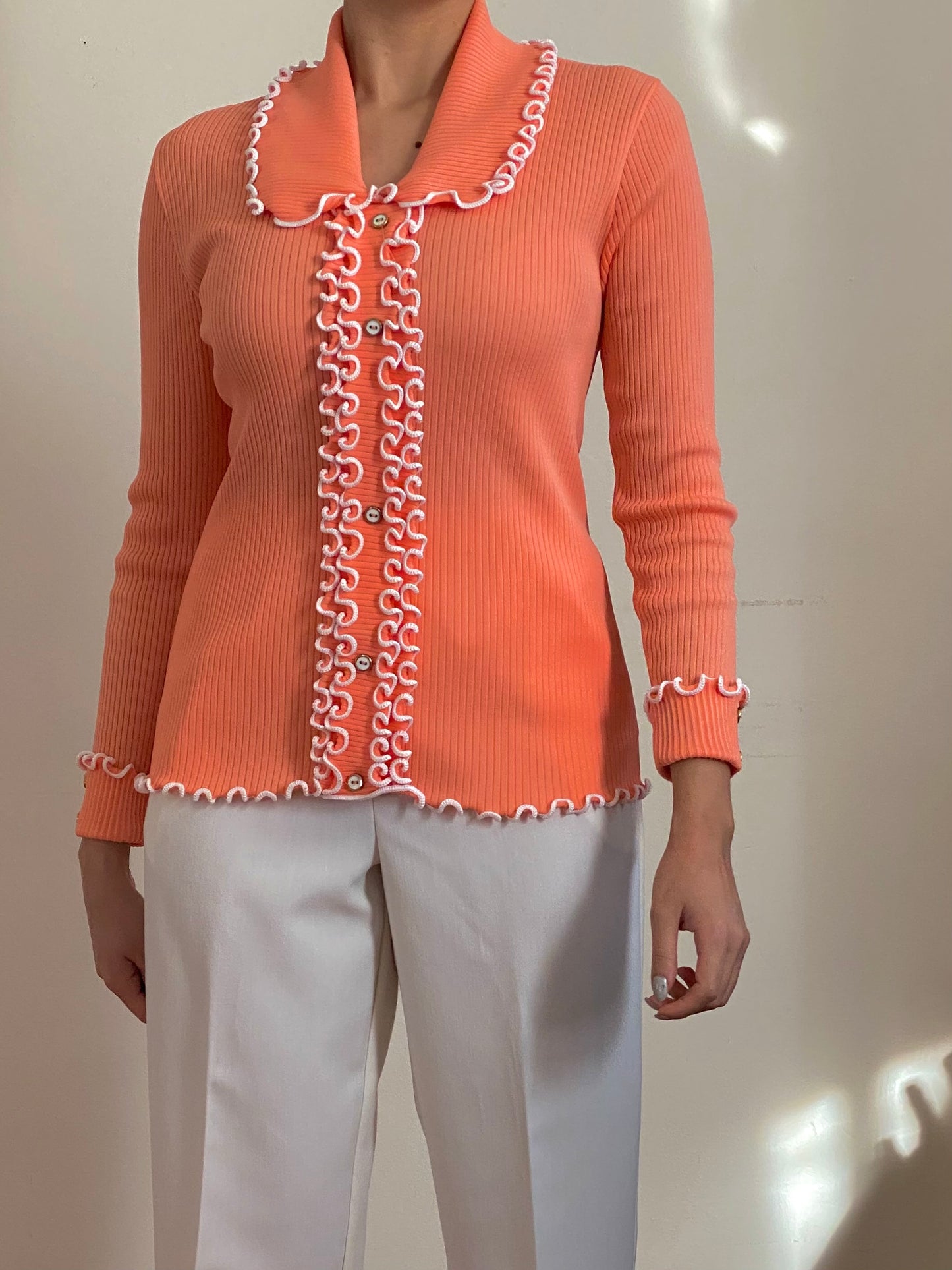 70's NOS Creamsicle Ruffle Trim Long Sleeve Top (XS-S)