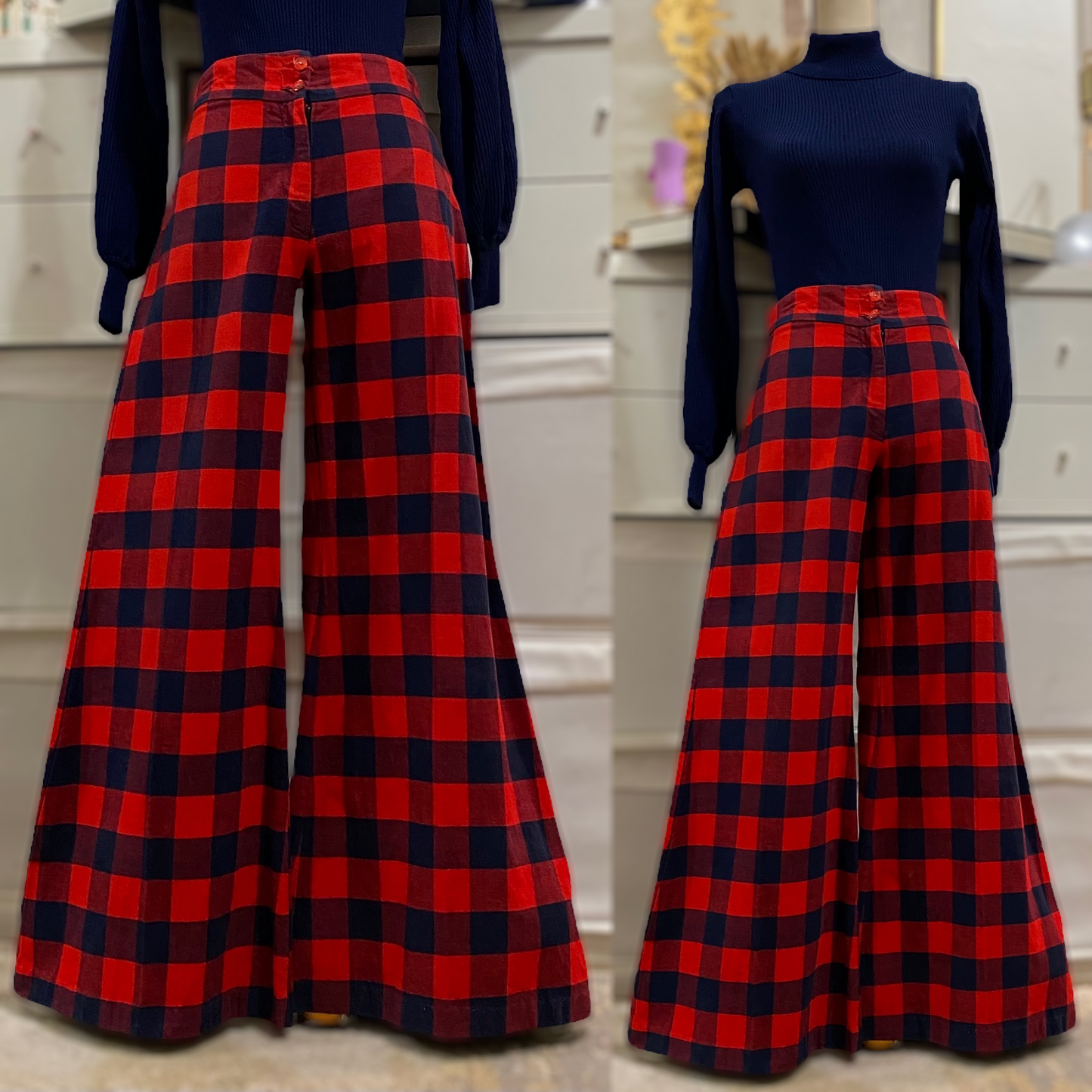70's Buffalo Plaid Midrise Bell Bottom Cotton Pants (S-M, 31"W)
