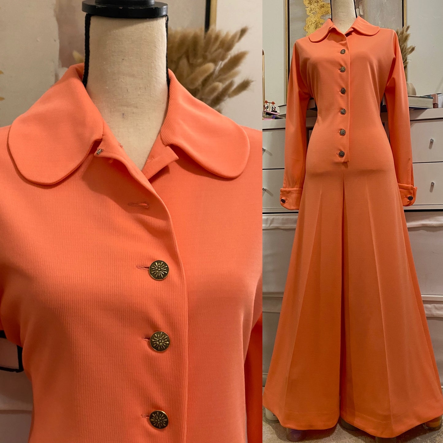 70's Creamsicle Orange Bell Bottom Jumpsuit (L)