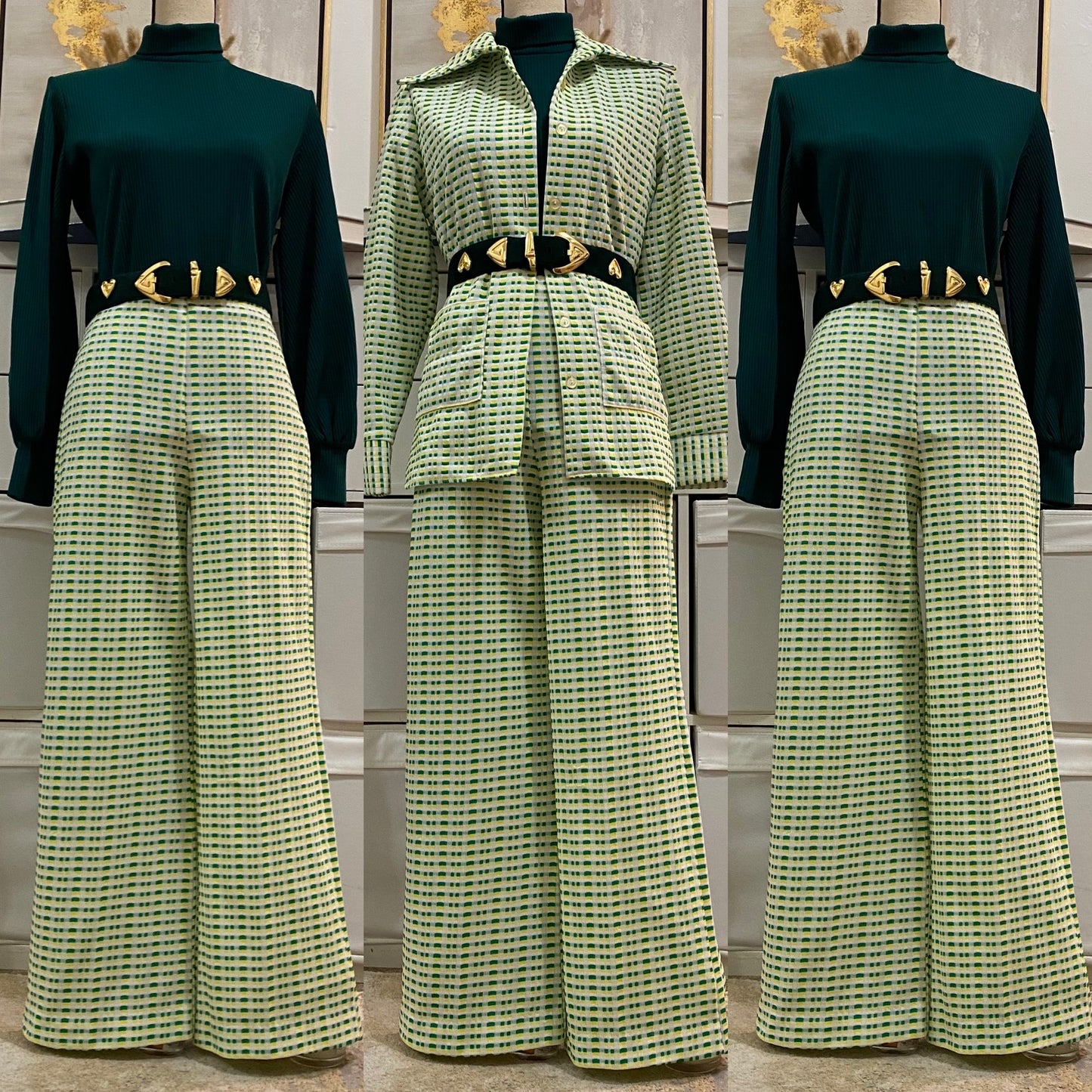 70s Vibrant Geometric 3PC Leisure Pantsuit (M, 29"-32"W)
