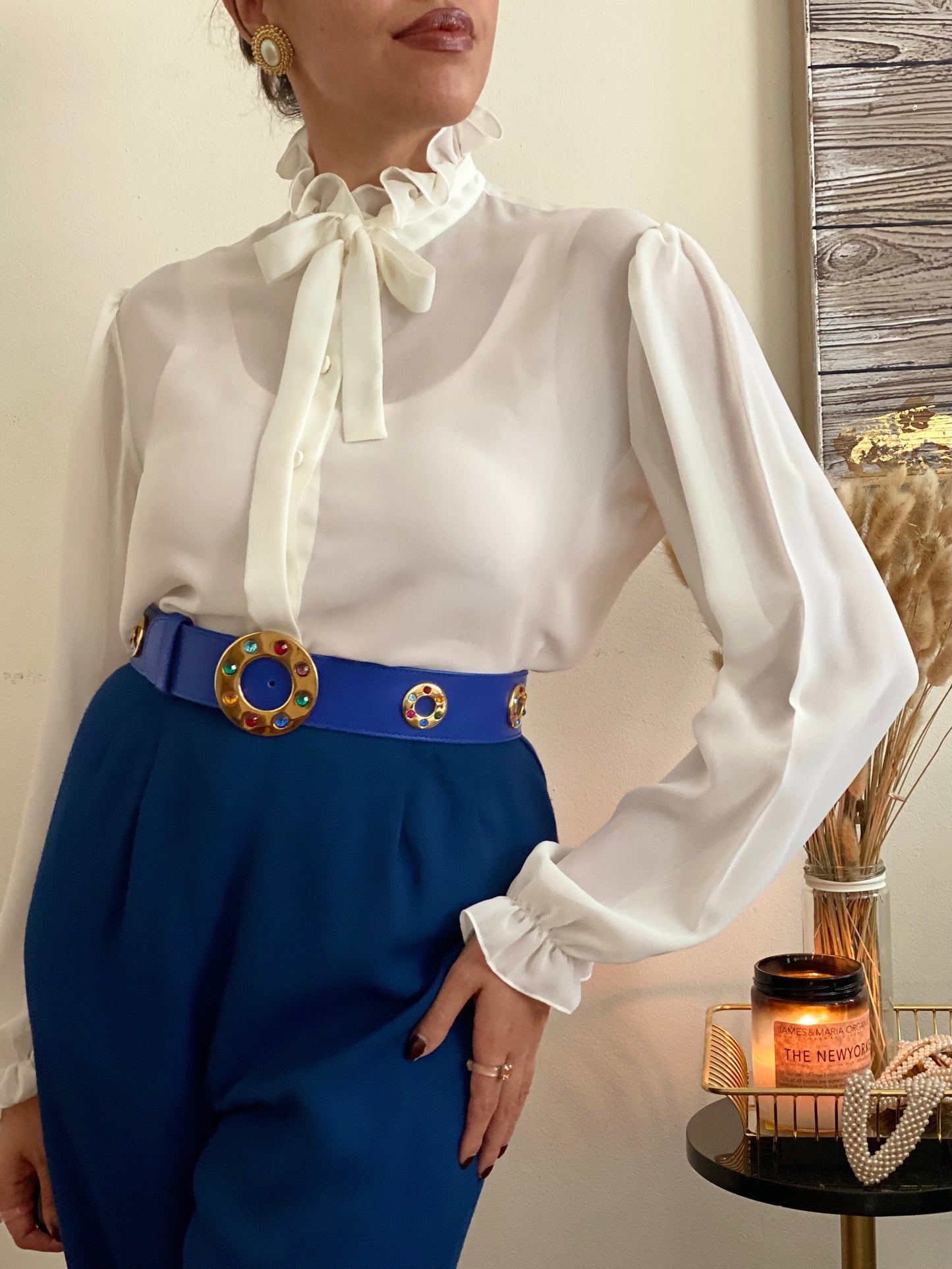 Ruffle high mock neck long sleeve blouse