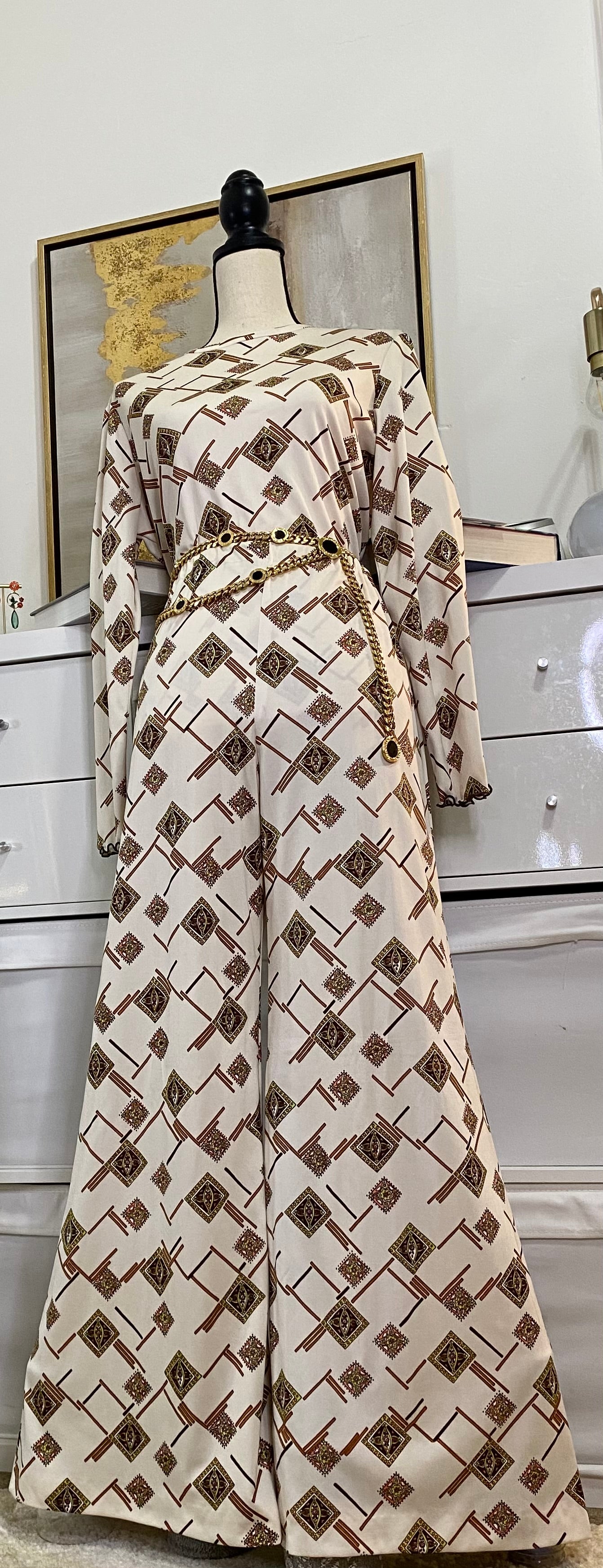 60's 2-Piece Abstract Set - Tunic Top & High Rise Bell Bottoms (S-L)