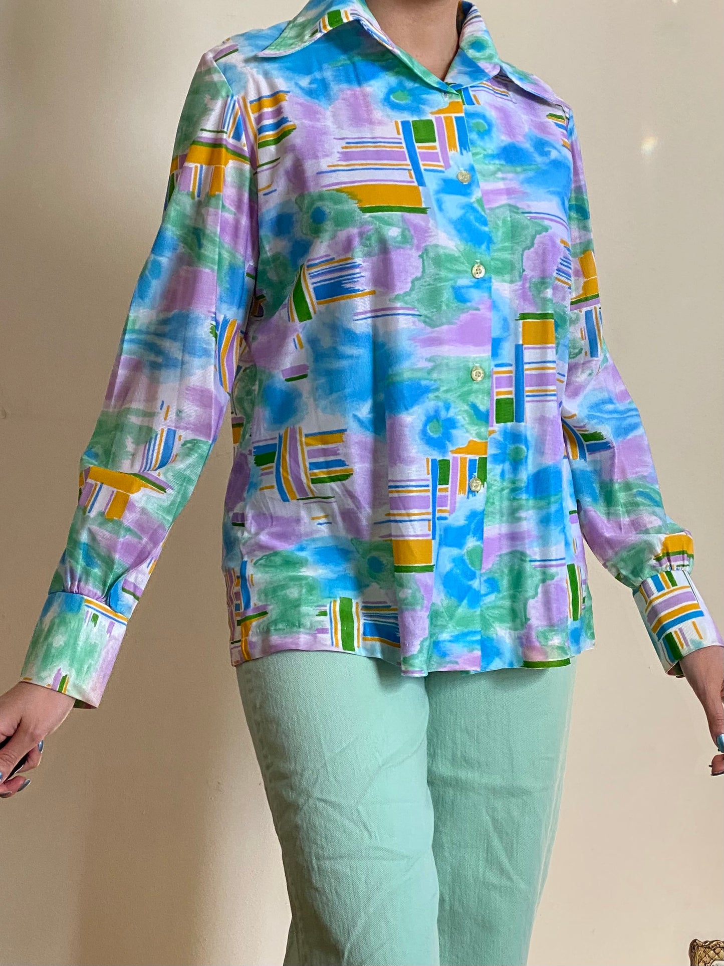 70's WATERCOLOR ABSTRACT STATEMENT COLLAR BLOUSE (M)
