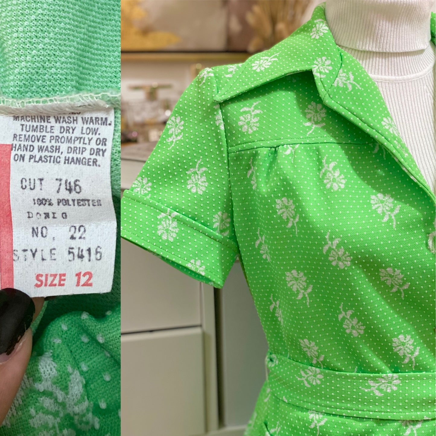 70’s Apple Green Floral Polka Dot 3-Piece Pantsuit (M-L)