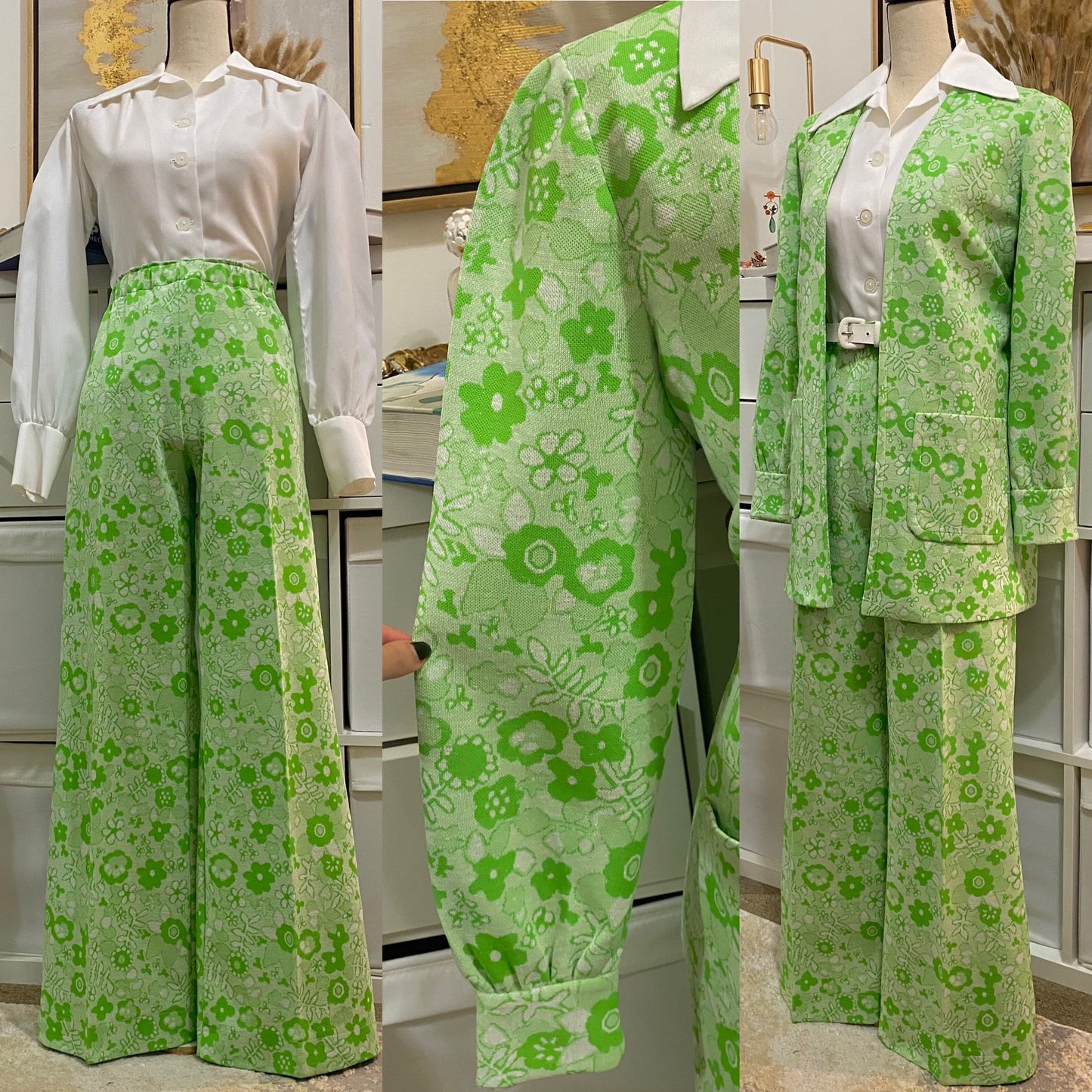 70’s Floral Apple Green Bell Bottom Pantsuit - Open Jacket & High Rise Wide Flare Bottoms (M-L)