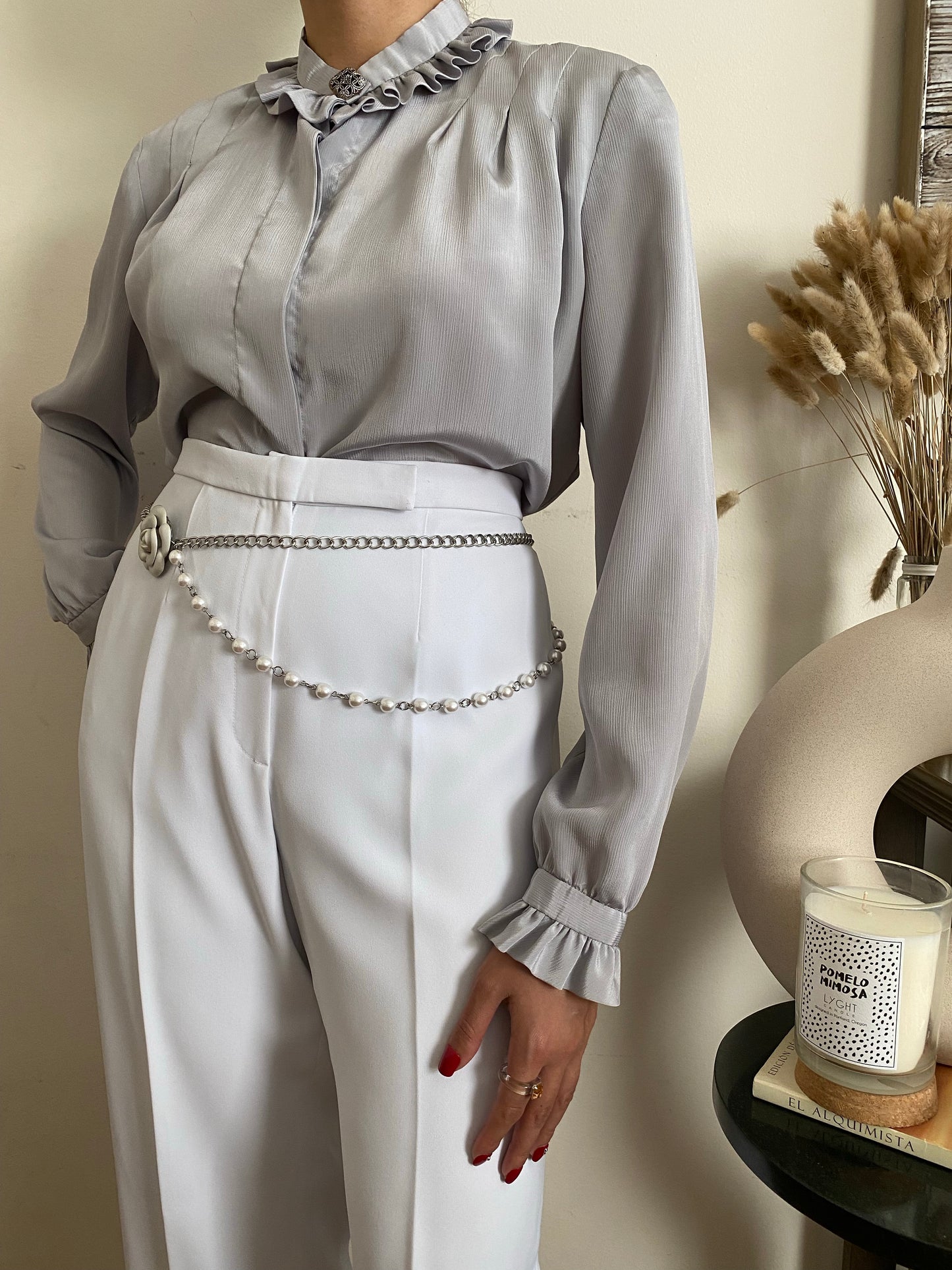 Ruffle neckline pleated long sleeve blouse