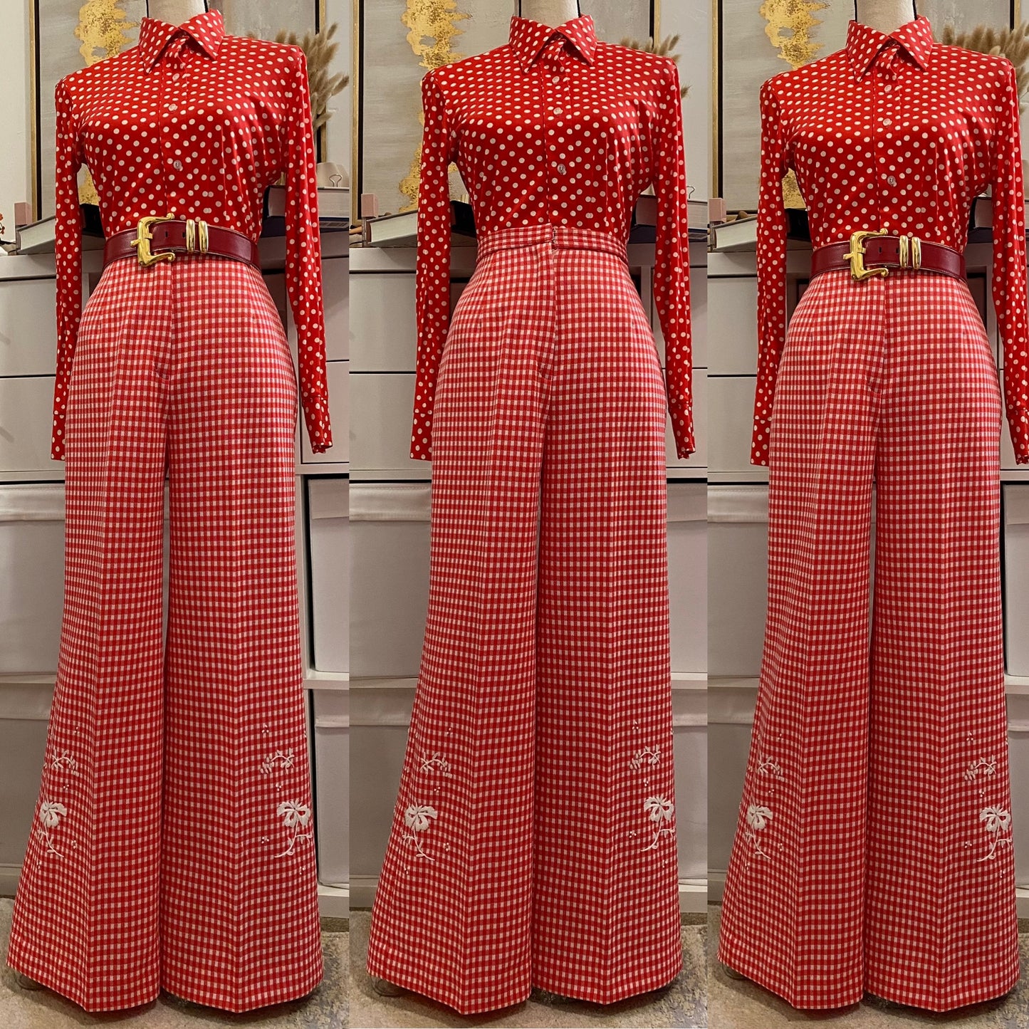70's Floral Gingham Wide Leg 2pc Pantsuit (S-M)