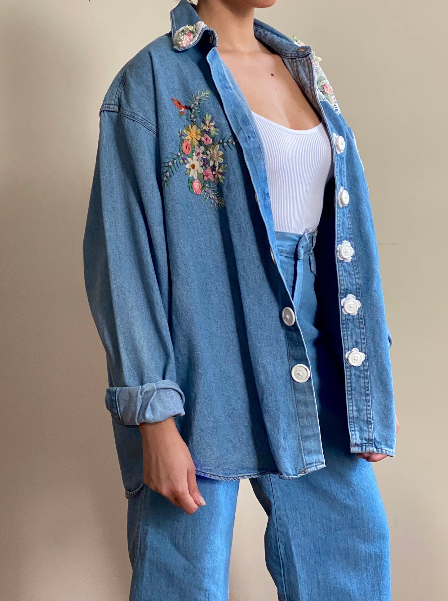 80's Lace & Crotchet Denim Jacket (L)