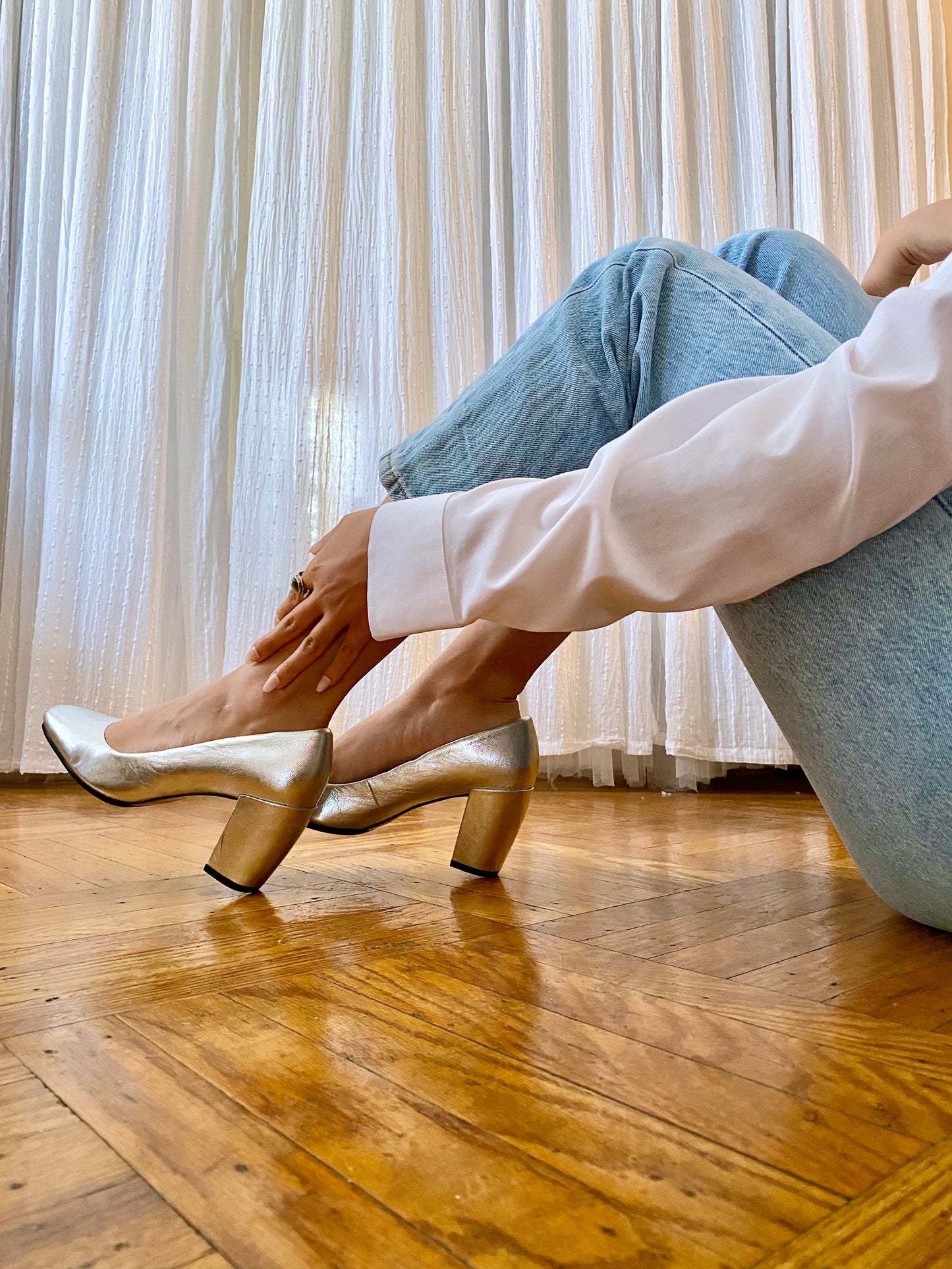 Silver Square Toe Block Heel Pumps