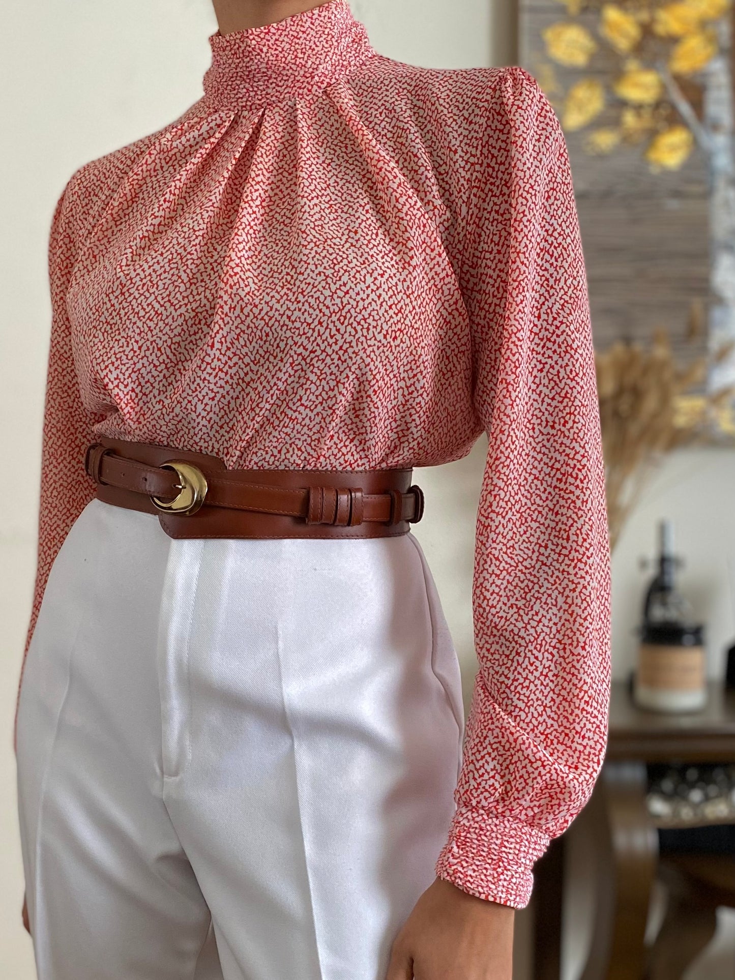 Abstract High Ruched Mock Neck, Long Sleeve Blouse (S)