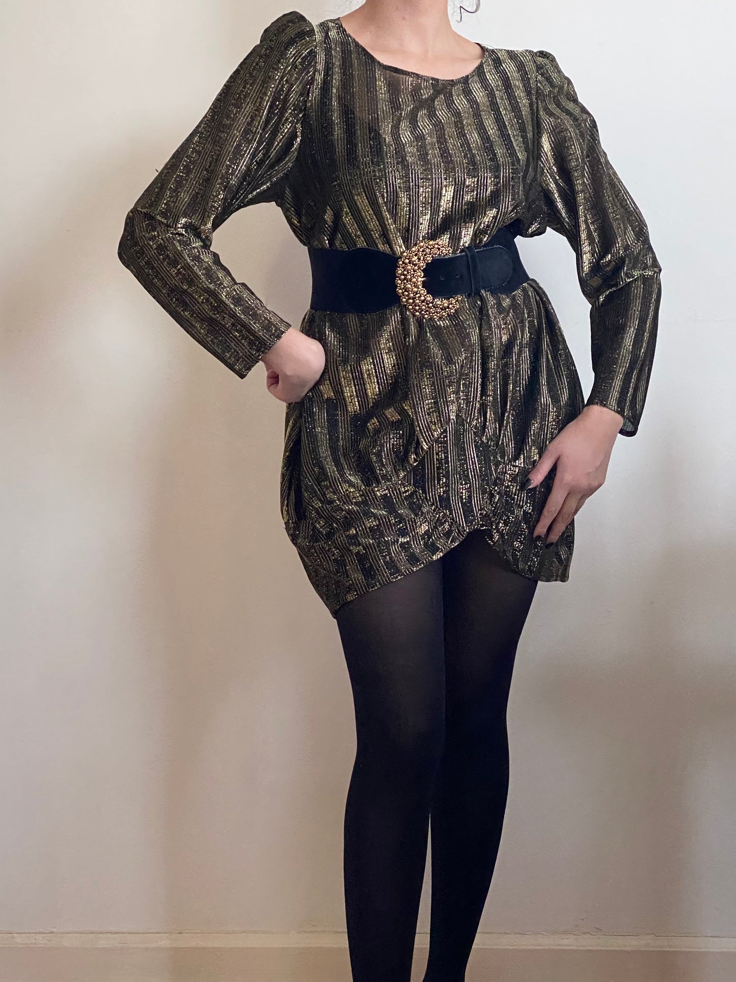 80's Gold Metallic Asymmetrical Shirt Dress (S-M)