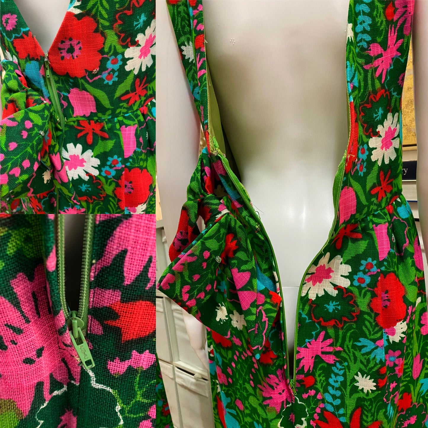 60’s-70’s Floral Maxi Dress with Plunging Back (M)