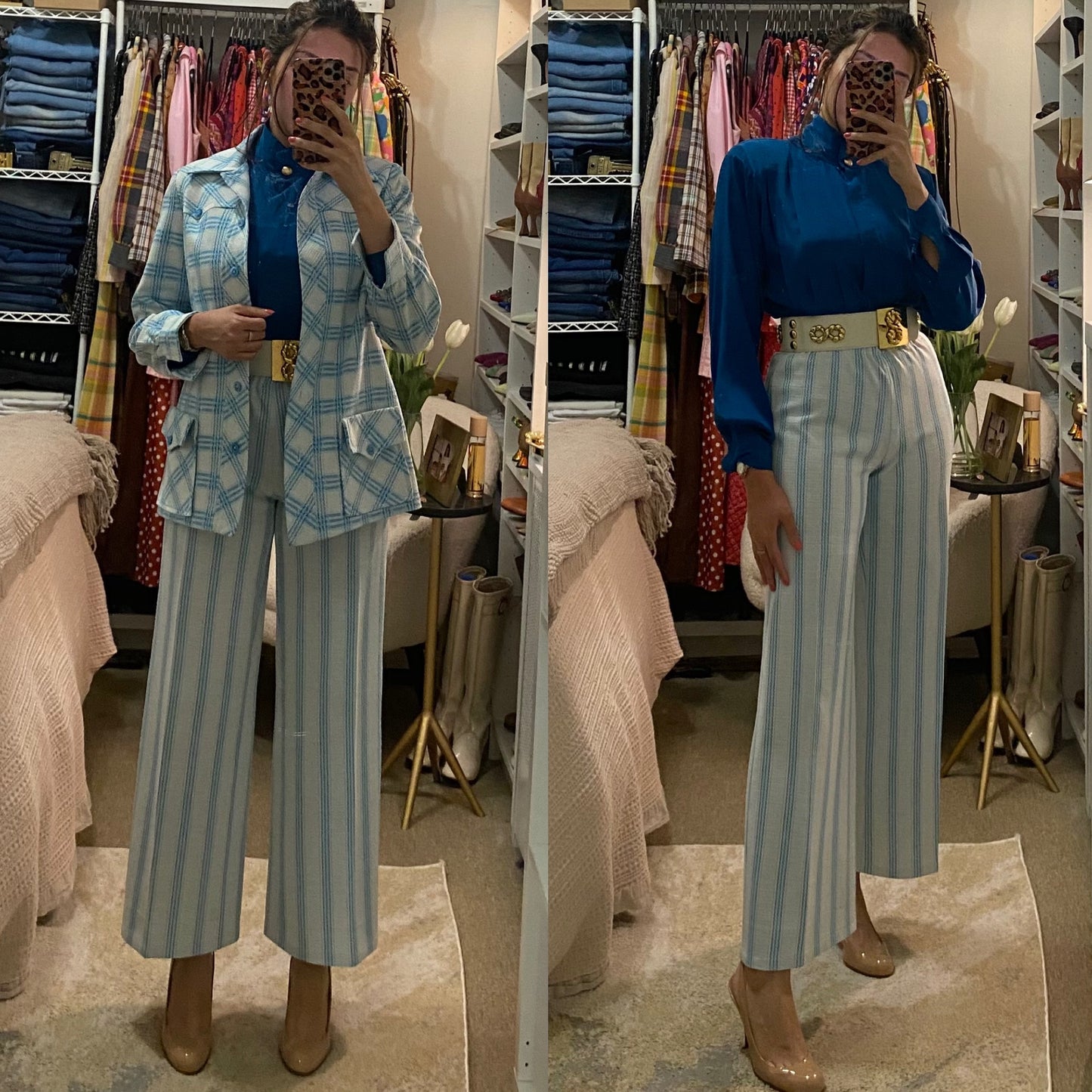 70s 2pc Blue Plaid Striped Pantsuit - Bell bottom flares & Jacket (S-L)