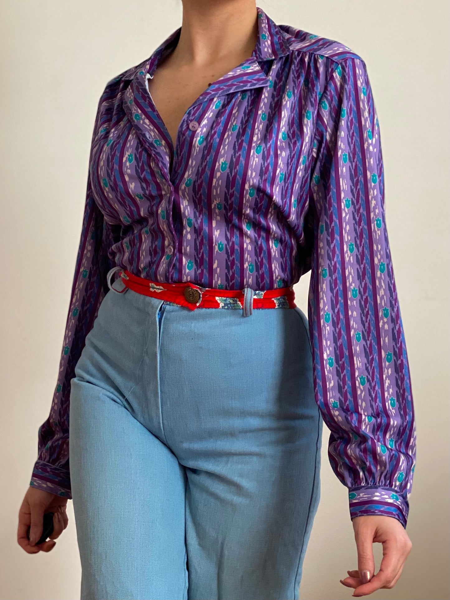 70's Purple Abstract Long Sleeve Blouse (S-M)