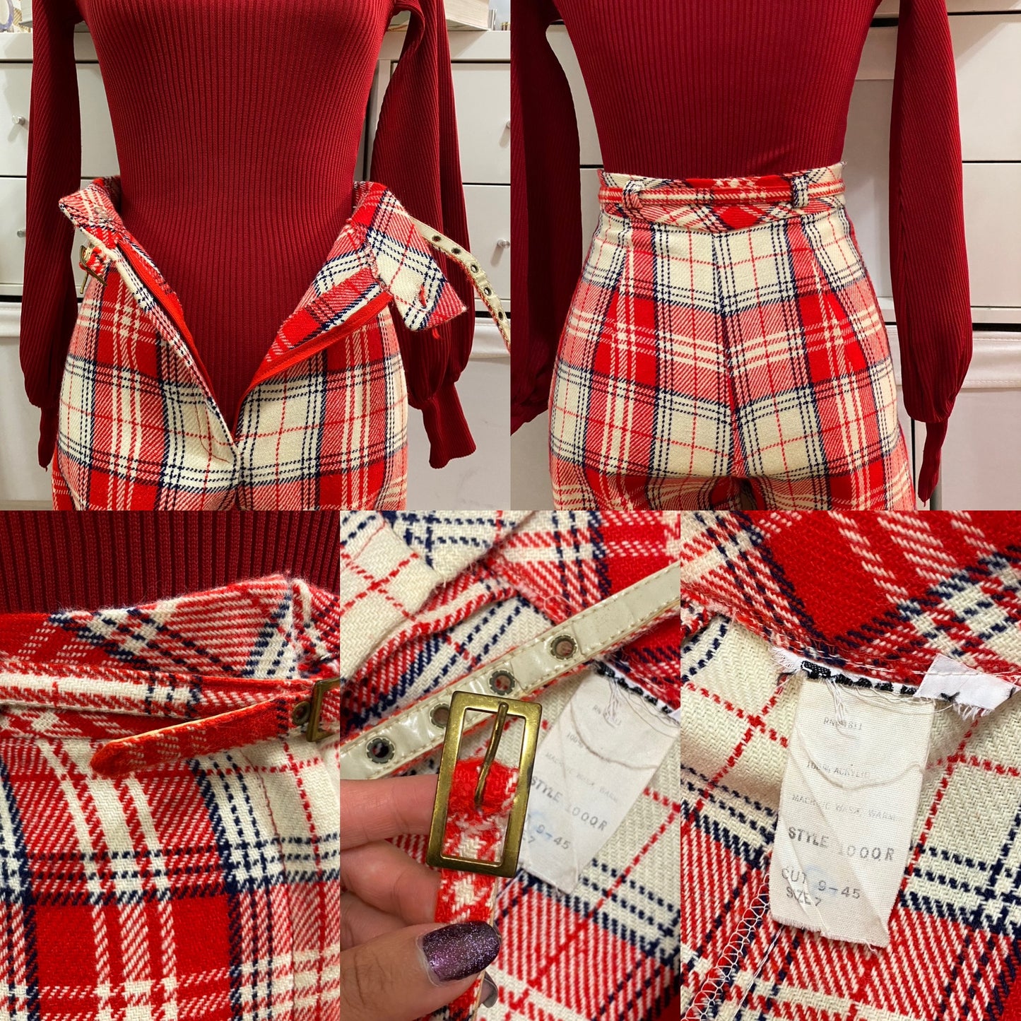 70's Plaid High Rise Bell Bottoms w/ Belt (XS, 24"W)