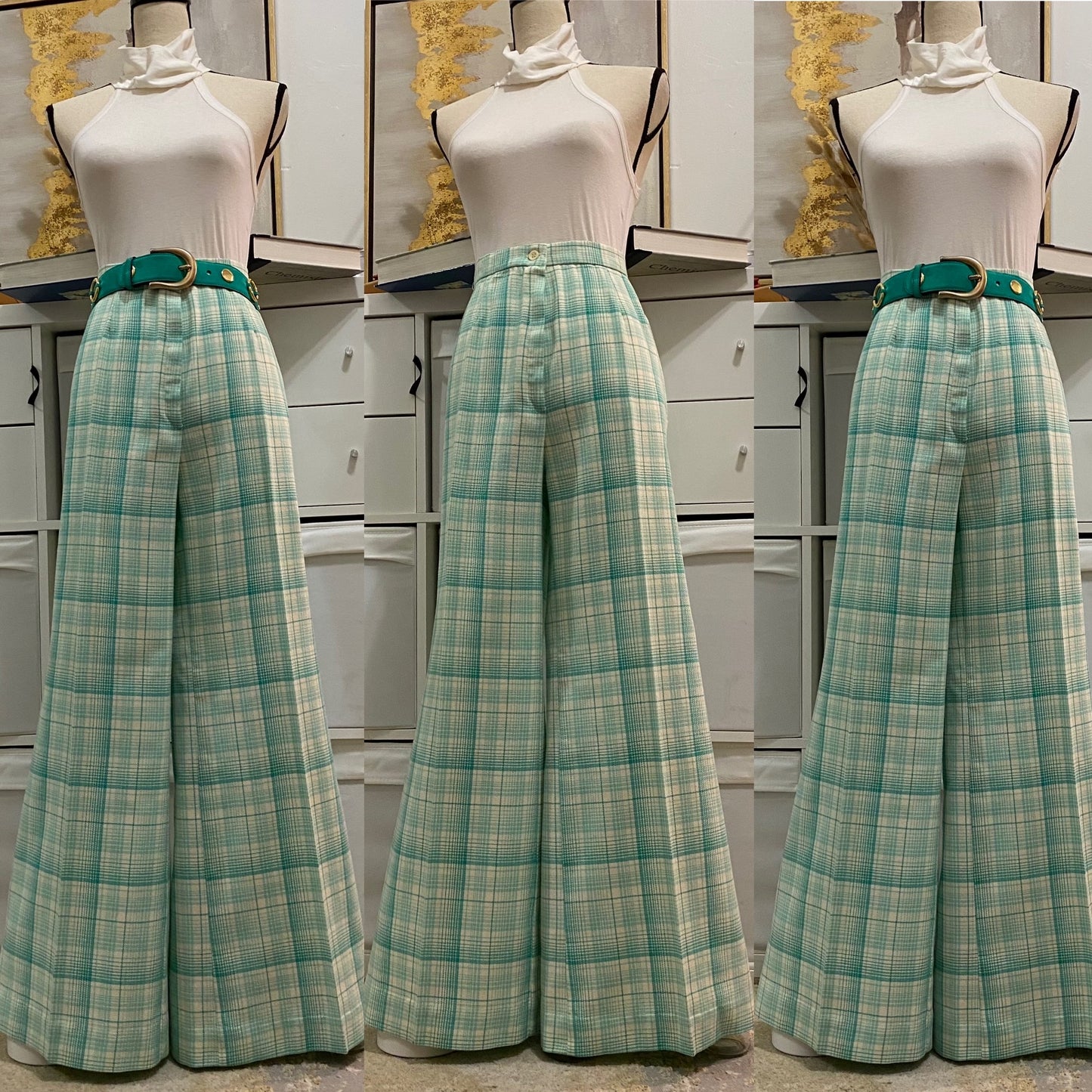 70s 2PC Plaid, Wide Leg Pantsuit (L-XL, 32"W)