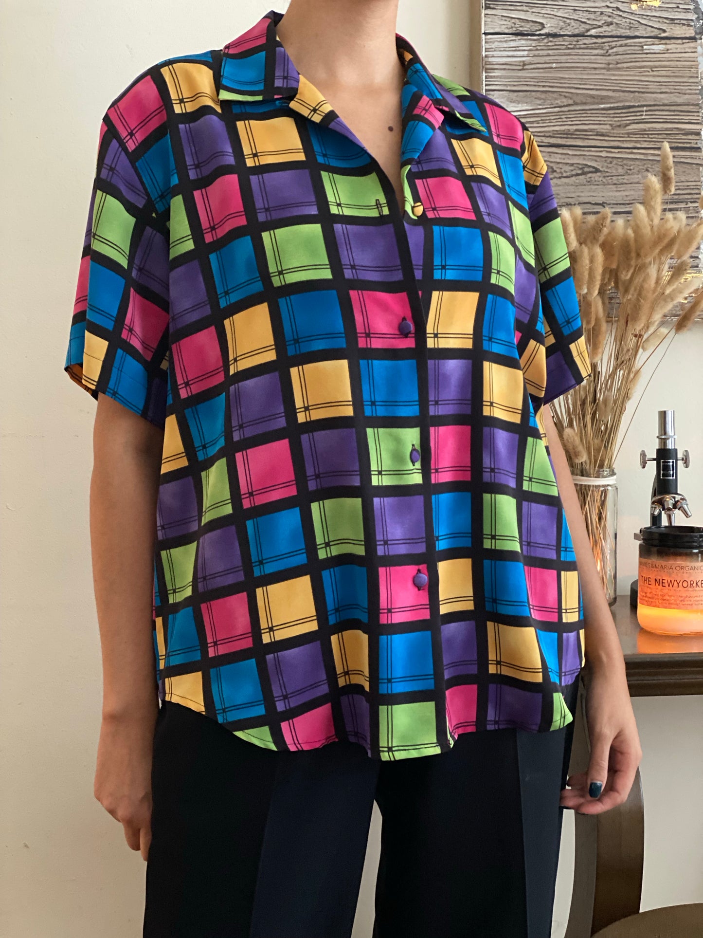 Neon Square Design Button Up Blouse