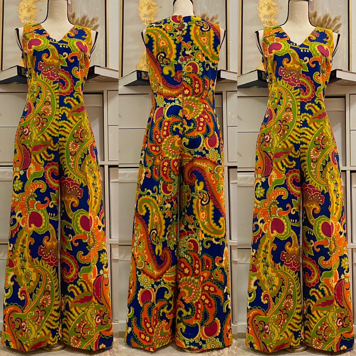 60’s-70’s Psychedelic Sleeveless Bell Bottom Jumpsuit (M-L)